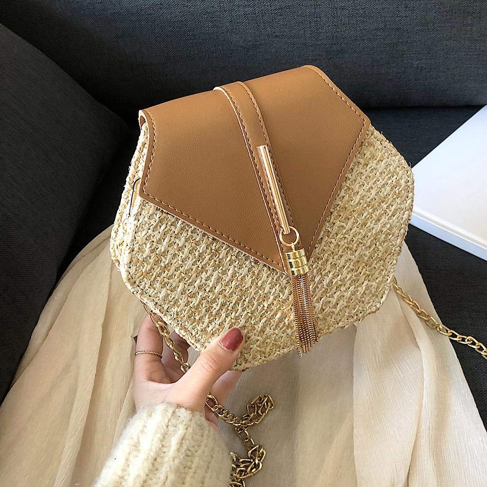 Stylish Straw & PU Chain Messenger Bag for Women - Handmade Woven Rattan Boho Shoulder Bag - Perfect for Summer, Beach, Travel and Casual Outings