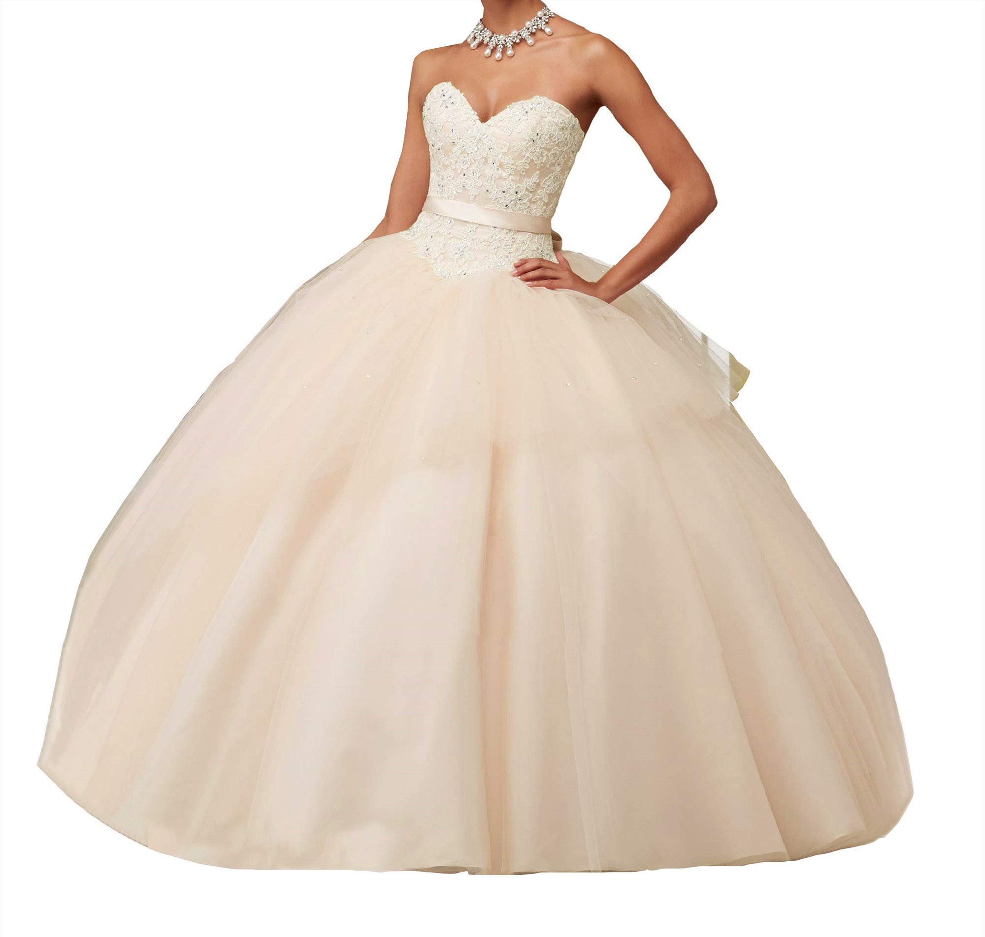 Emmani Women's Sweetheart Lace Applique Quinceanera Prom Dress with Beaded Detail - Sweet 15 Birthday Party Gown in Beige | Perfect for Quinceañeras, Prom Nights, and Formal Celebrations