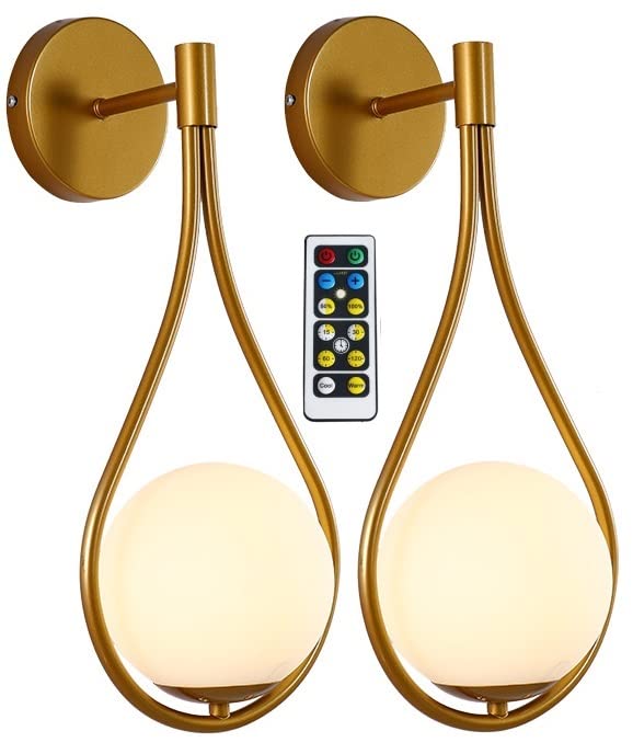 LSR Gold Wall Lights Battery Operated LED Remote Wall Sconces Set of 2 - Modern Globe Wall Mounted Wireless Bedside Lamps for Bedroom, Living Room, Bathroom & Hallway - Home Decor Lighting Fixture for Ambient & Accent Illumination