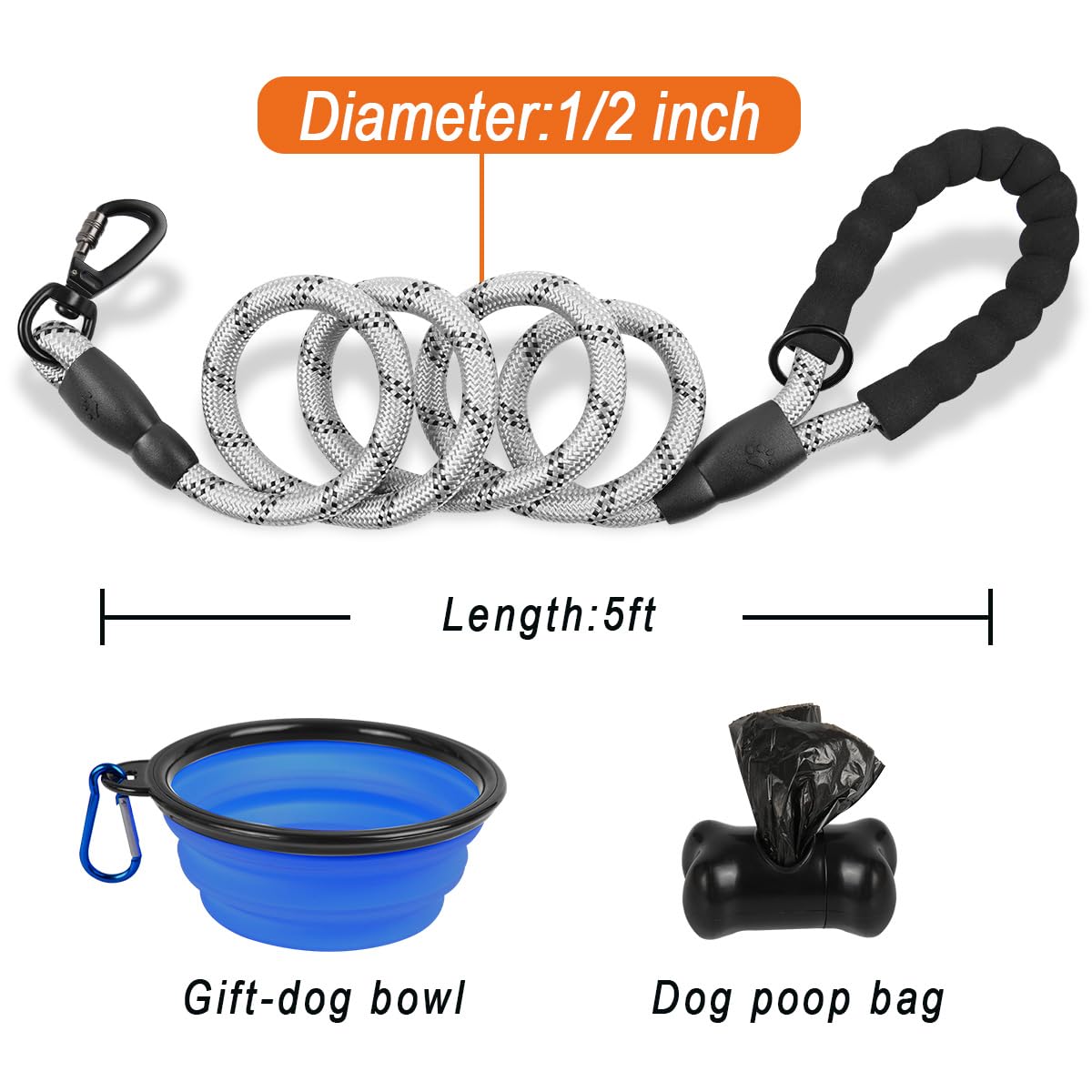 BARKBAY Heavy Duty Dog Leash for Large Dogs - 4/5/6 FT Durable Reflective Leash with Comfortable Padded Handle - Perfect for Walking, Training, Running & Night Safety (5FT-1/2'', Gray)