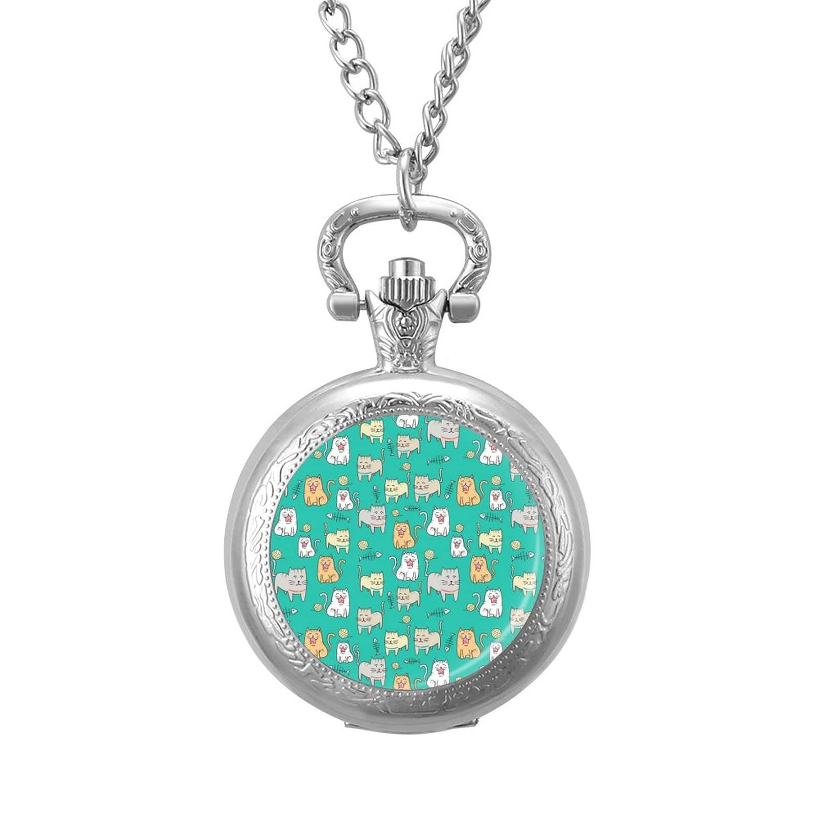 Vintage Cat Cartoon Pocket Watch Necklace - Cute Retro Pendant Watch with Chain - Fashion Gift for Women & Girls - Perfect for Parties, Cosplay & Vintage Style Accessories