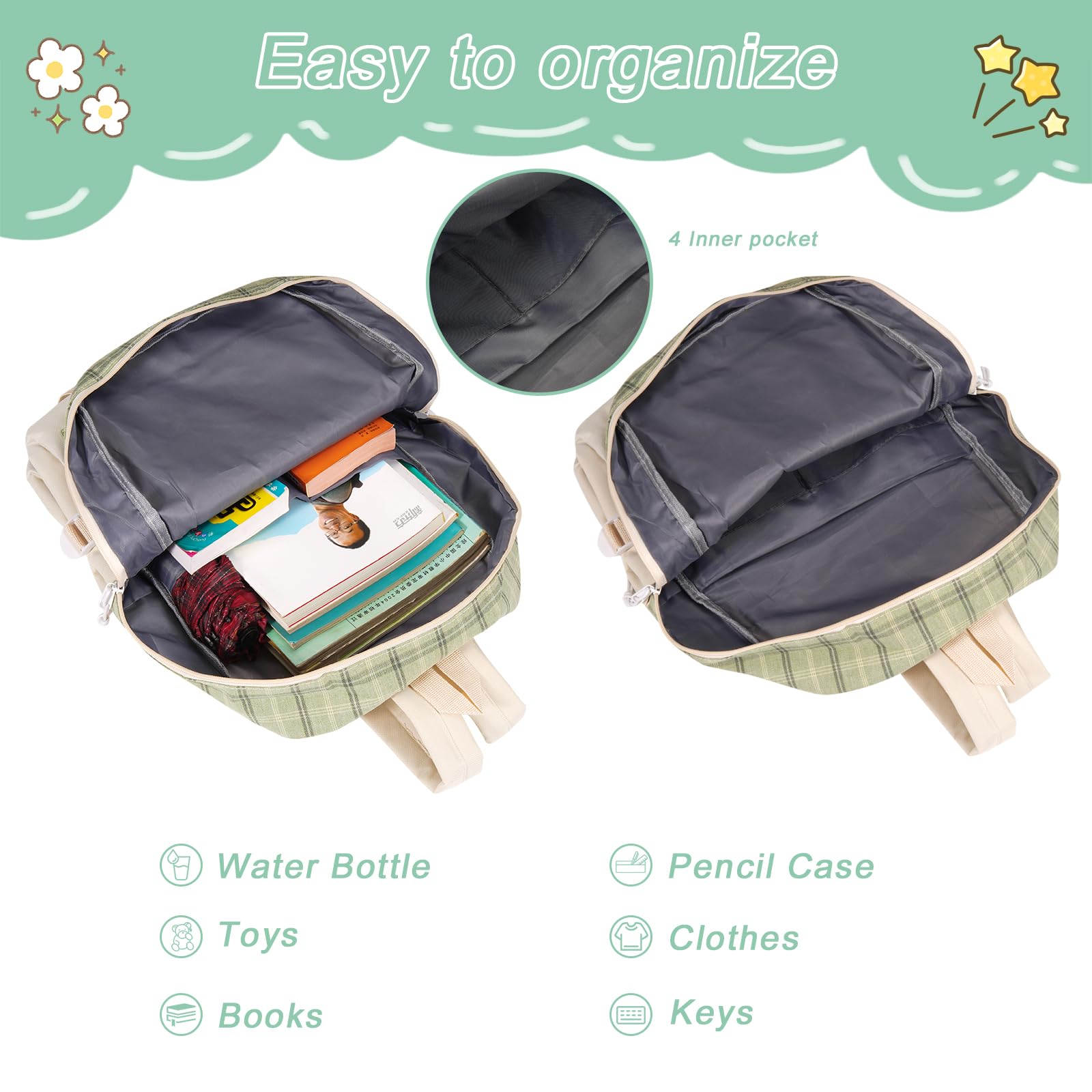 5Pcs Cute Kawaii Bear Canvas Backpack Set with Plaid Check Handle - School Backpack, Shoulder Tote Bag for Girls, Boys - Perfect for School, Travel & Daily Use