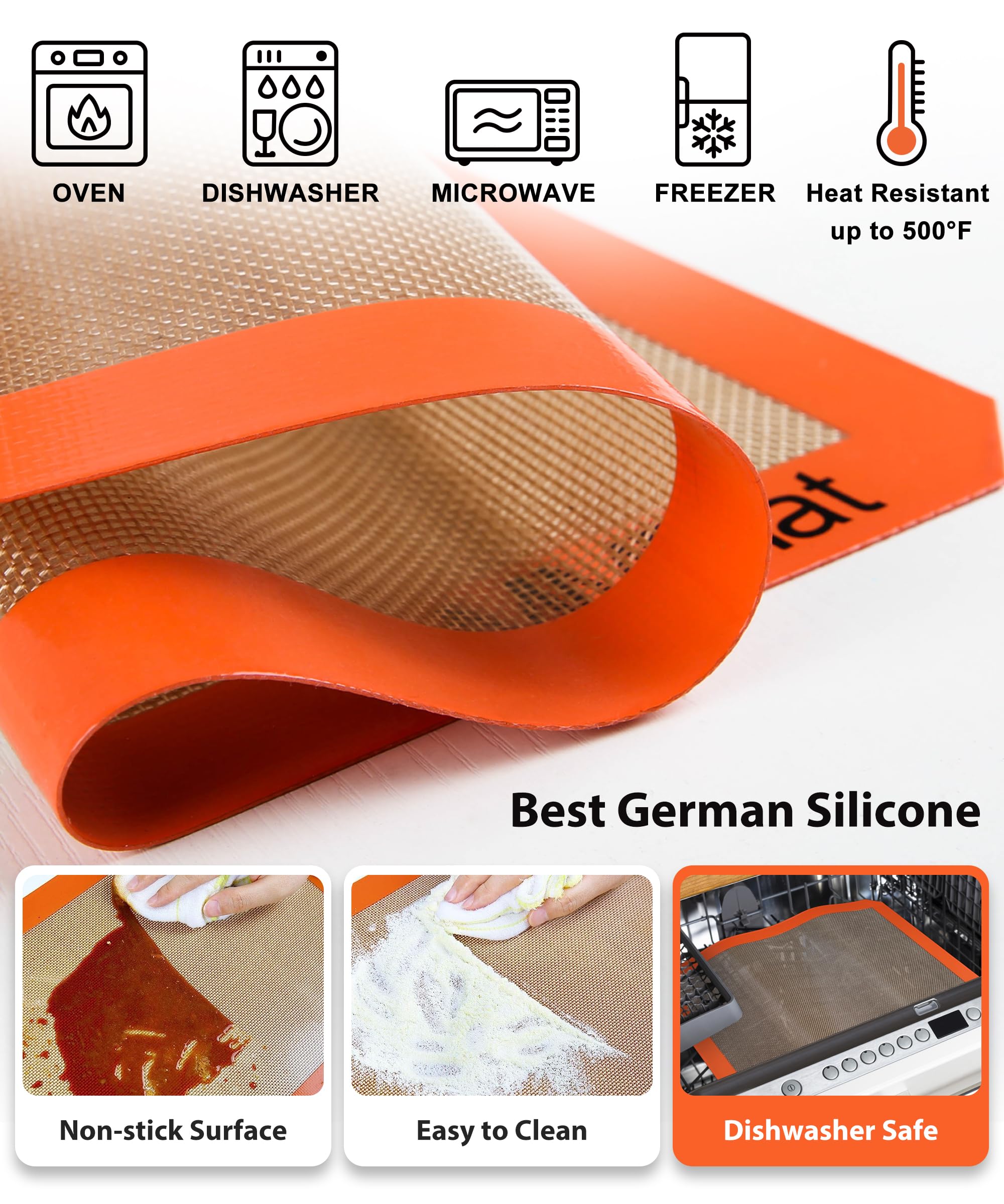 Premium Non-Stick Silicone Baking Mats Set of 6 - Food Grade, Heat Resistant, Reusable & Non-Slip for Cookies, Pastries, Bread - Perfect for Oven, Countertop & Kitchen Use