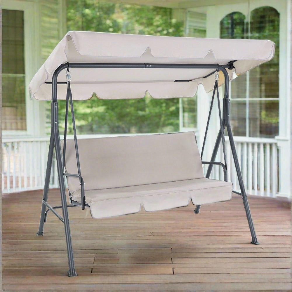Gardeon 3-Seater Outdoor Swing Chair with Canopy - Beige Garden Bench Furniture for Patio, Backyard, and Relaxation
