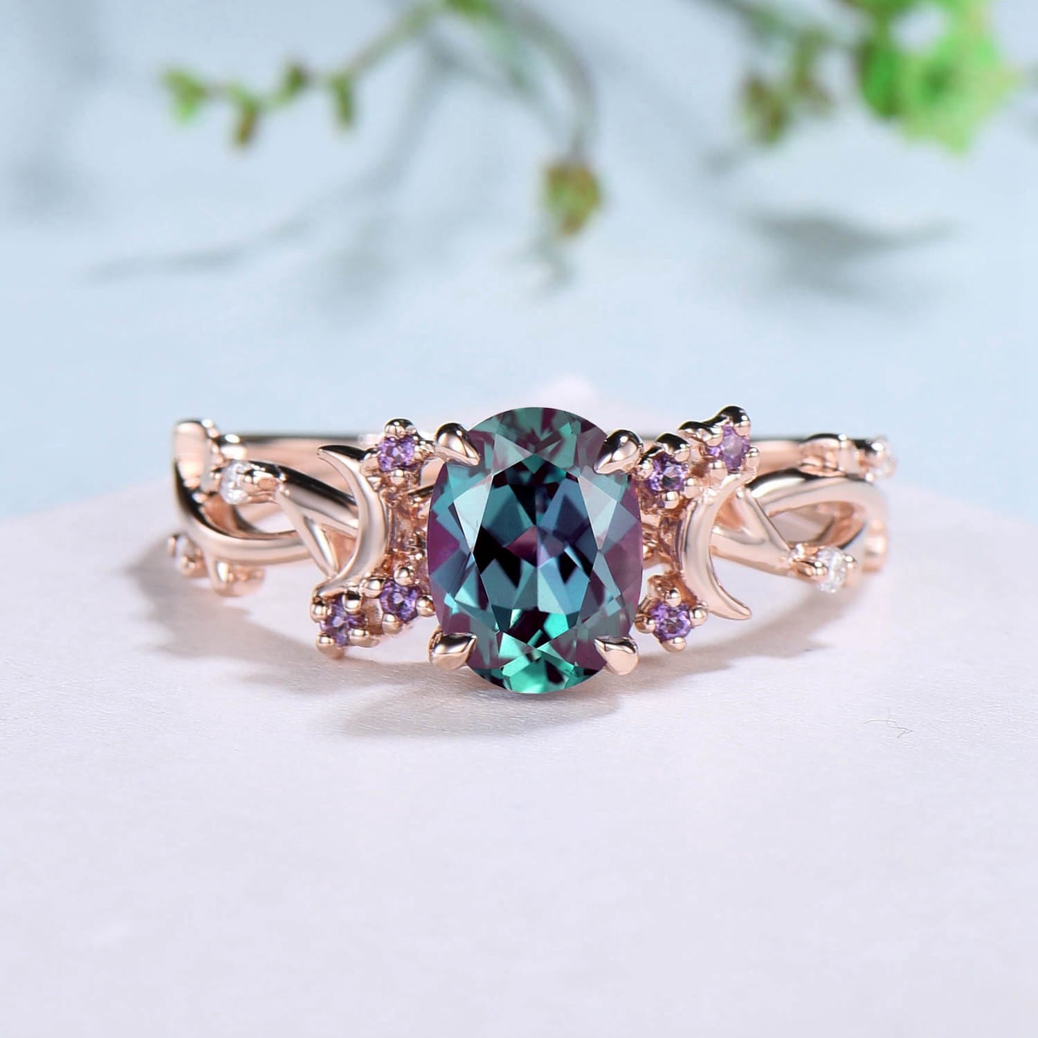 1.5CT Oval Cut Alexandrite Ring - Twig Branch Vintage Style Color Changing Moonstone Engagement Ring - Unique Cluster Amethyst Wedding Band for Women - Perfect for Proposals, Anniversaries & Special Occasions