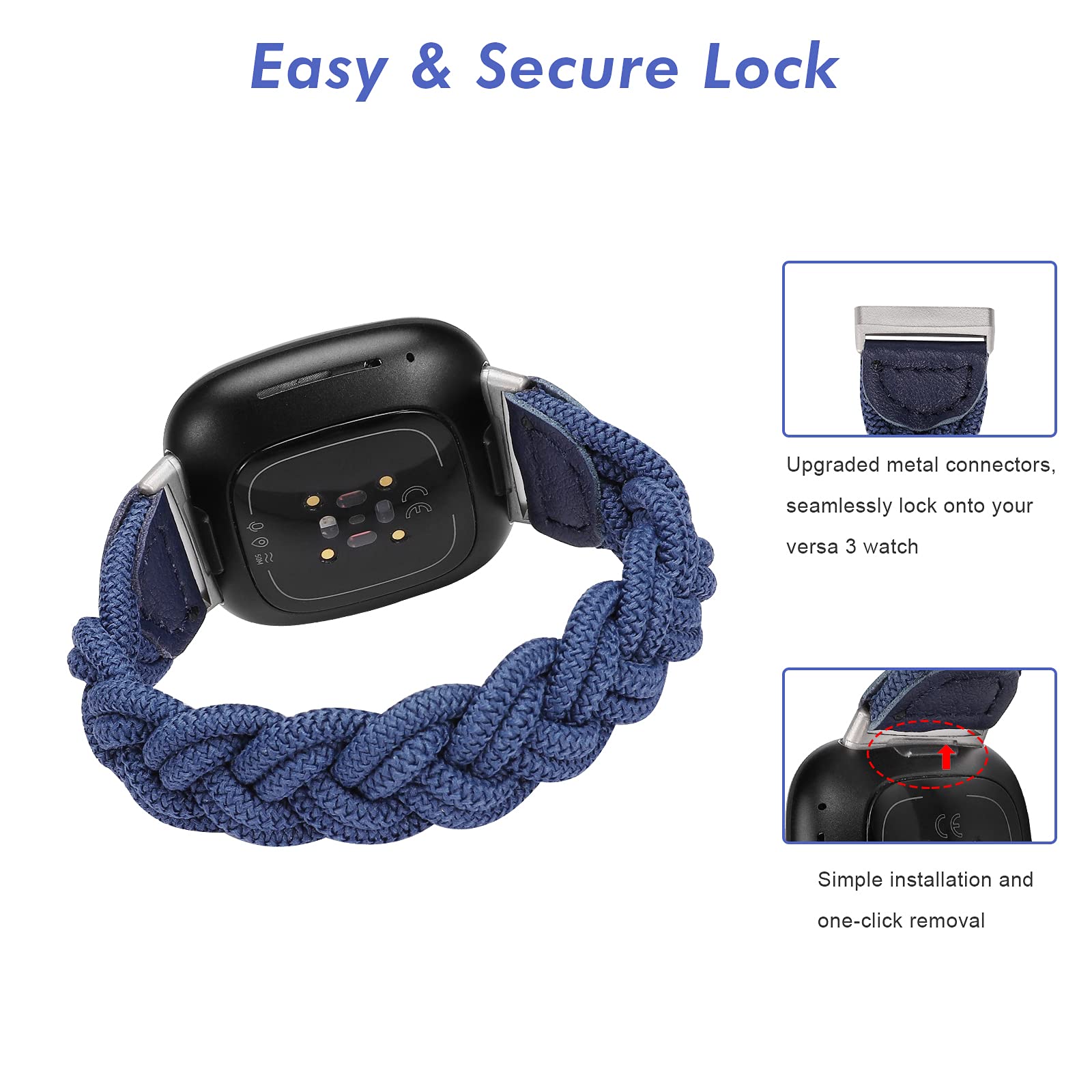 Elastic Braided Solo Loop Strap for Fitbit Sense/Sense 2/Versa 3/Versa 4 - Slim Stretchy Woven Wristband Accessory for Women - Navy Blue Size S - Perfect for Workouts, Running & Daily Wear