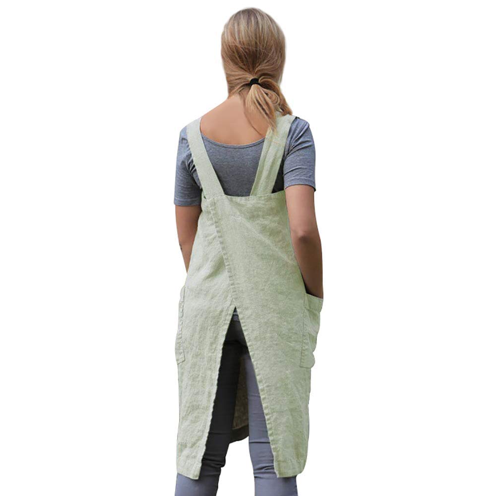 Women's Cross Back Pinafore Apron - Cotton Linen Blend Square Dress with 2 Pockets for Baking, Cooking & Gardening - Light Green | Perfect for Home Kitchen, BBQ, Pottery & Farm Work