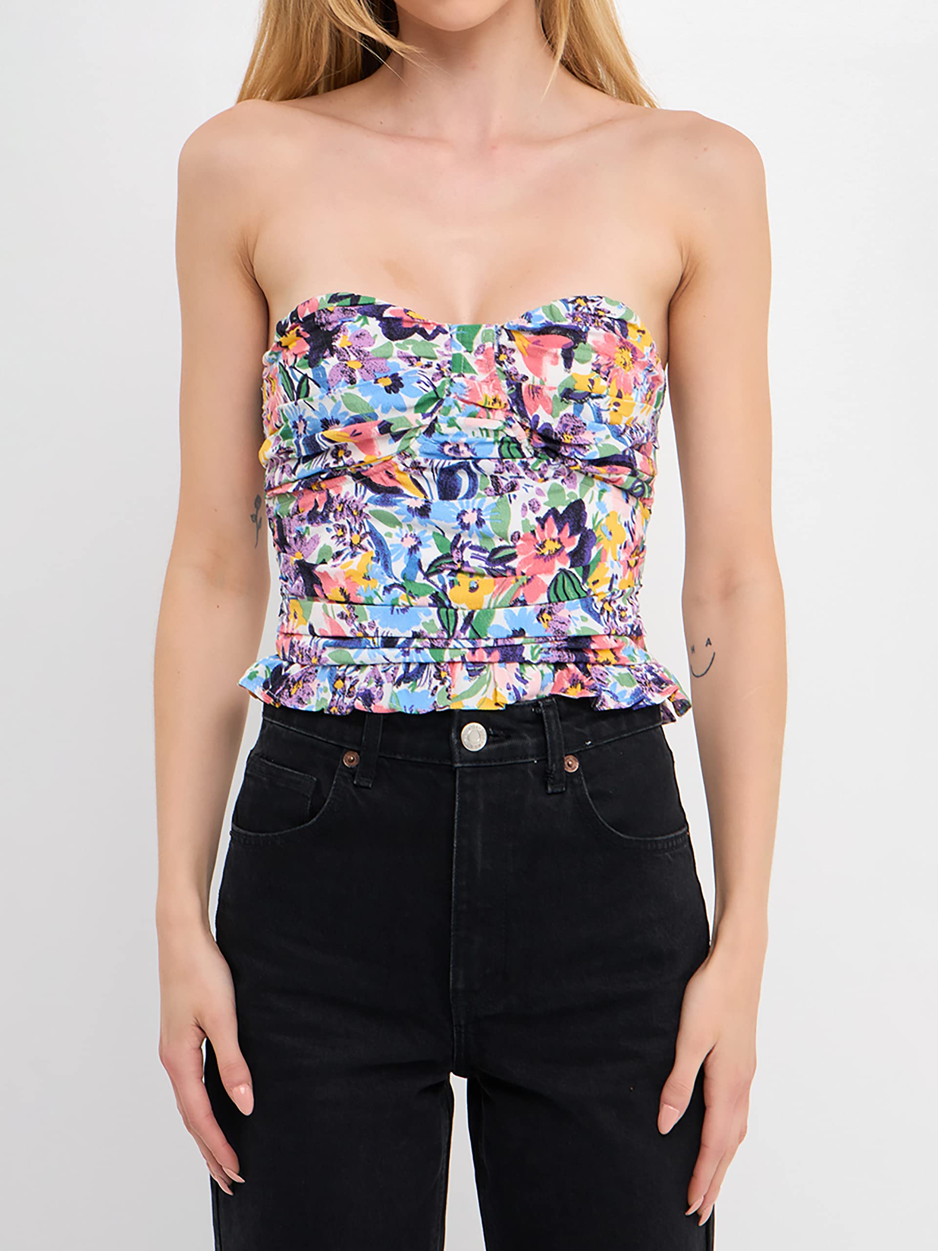 Endless Rose Women's Floral Print Ruched Strapless Top - Sexy Summer Blouse for Date Night & Beach Vacation