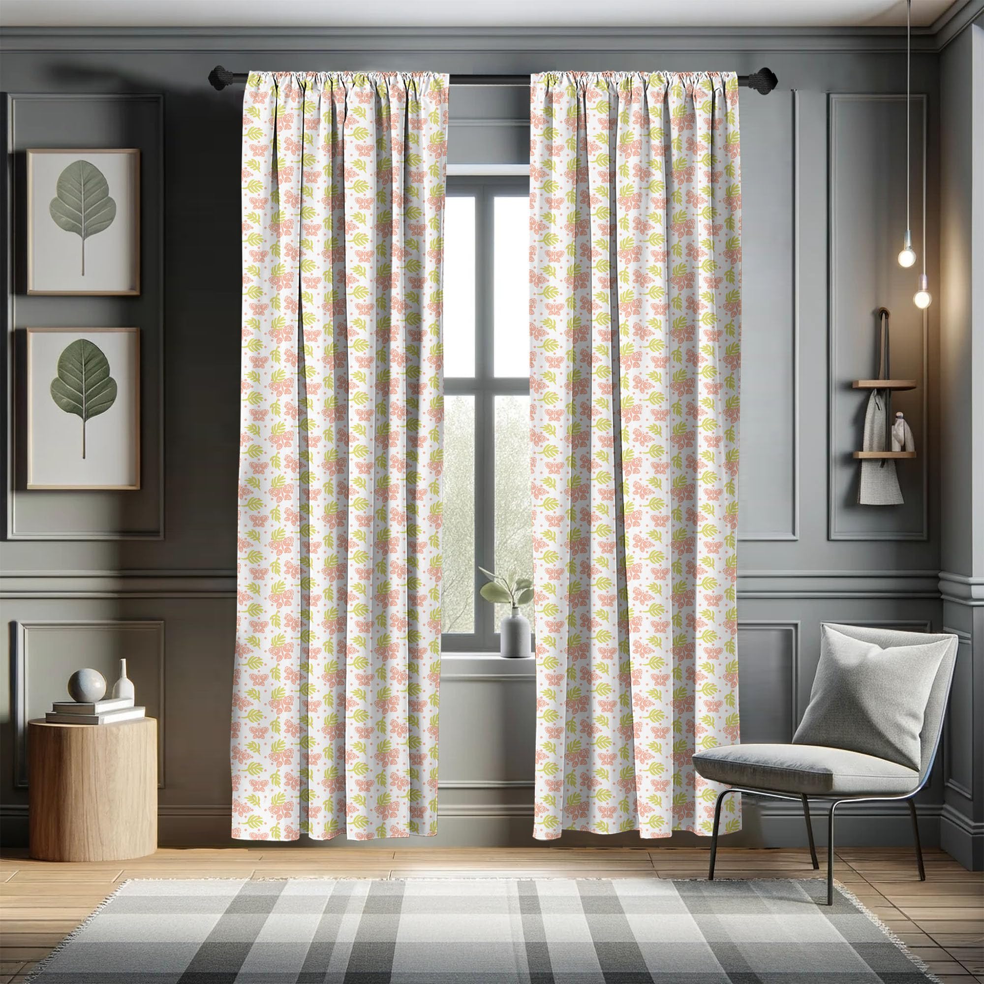 Ambesonne Blush Pink Curtains with Leafy Branches & Abstract Butterflies on Polka Dots - 2 Panel Window Treatments (28