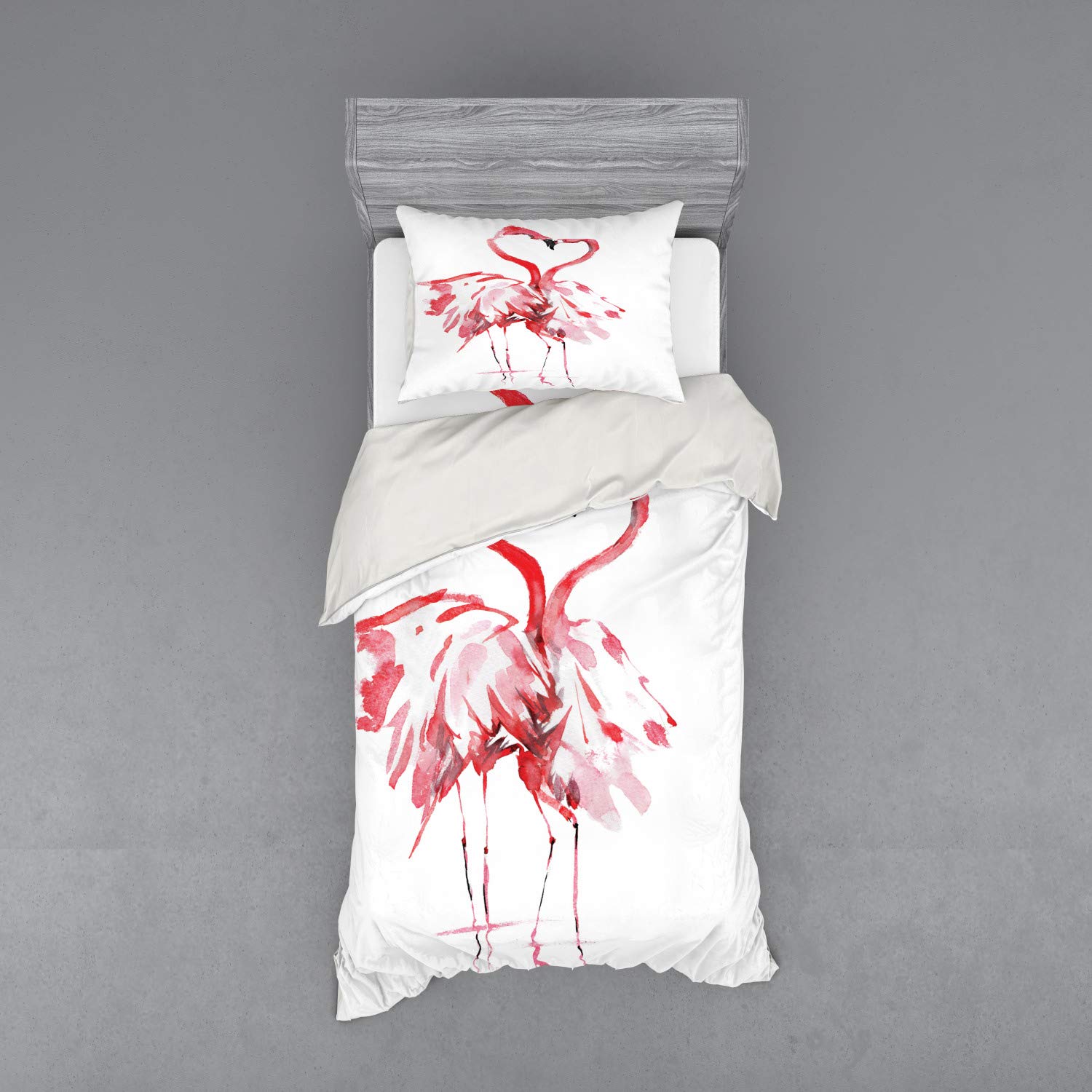 Ambesonne Flamingo Duvet Cover Set - Romantic Watercolor Flamingo Couple Kissing Design, 3-Piece Bedding Set with Pillow Sham & Fitted Sheet, Twin XL Size, Dark Coral & White - Perfect for Couples Bedroom, Guest Room or Tropical Themed Decor