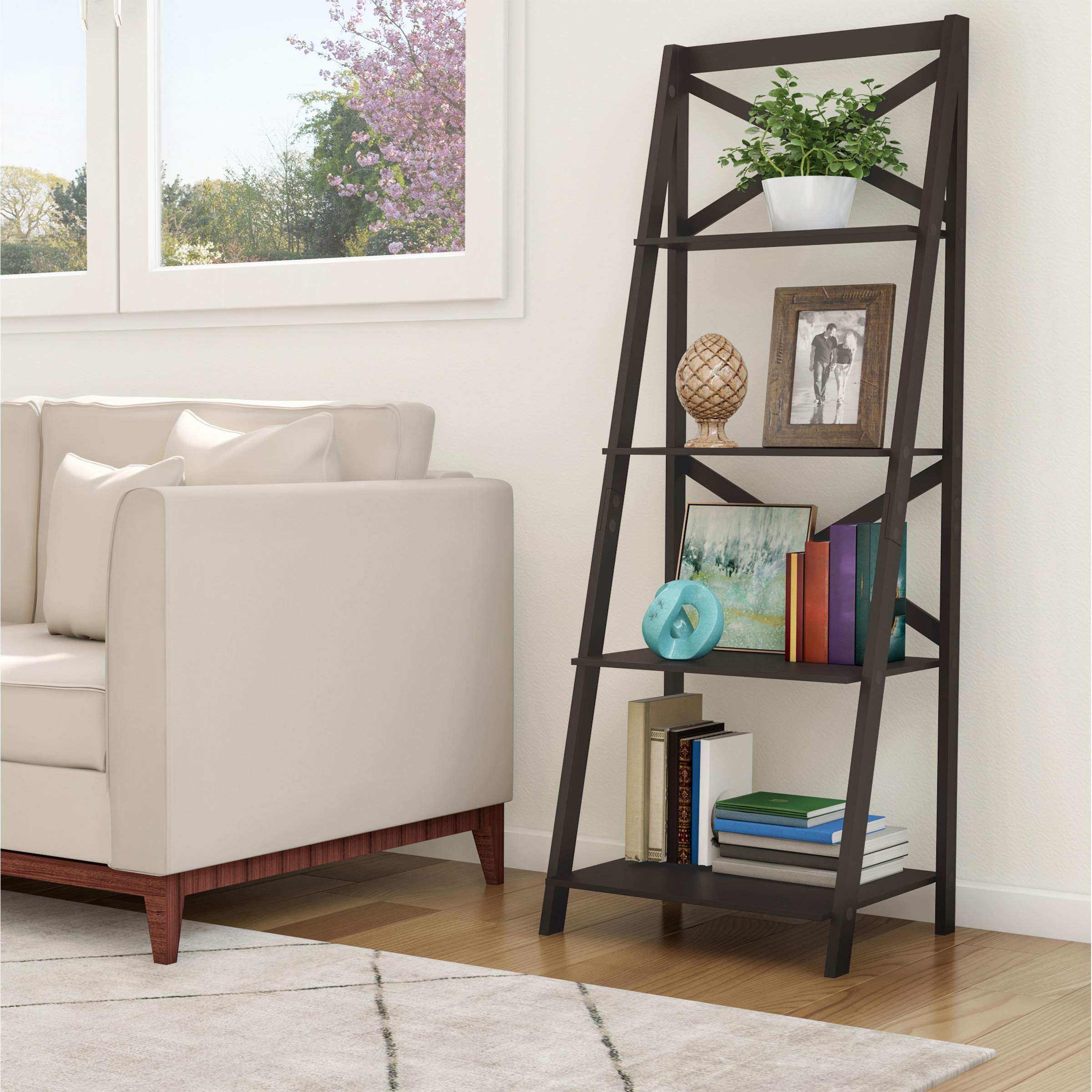 Lavish Home 4-Tier Ladder Bookshelf - Sturdy Freestanding Bookcase with X-Back Design, Space-Saving Leaning Shelf for Living Room, Bedroom or Office Decor (Black) - Perfect for Displaying Books, Plants & Decorative Items