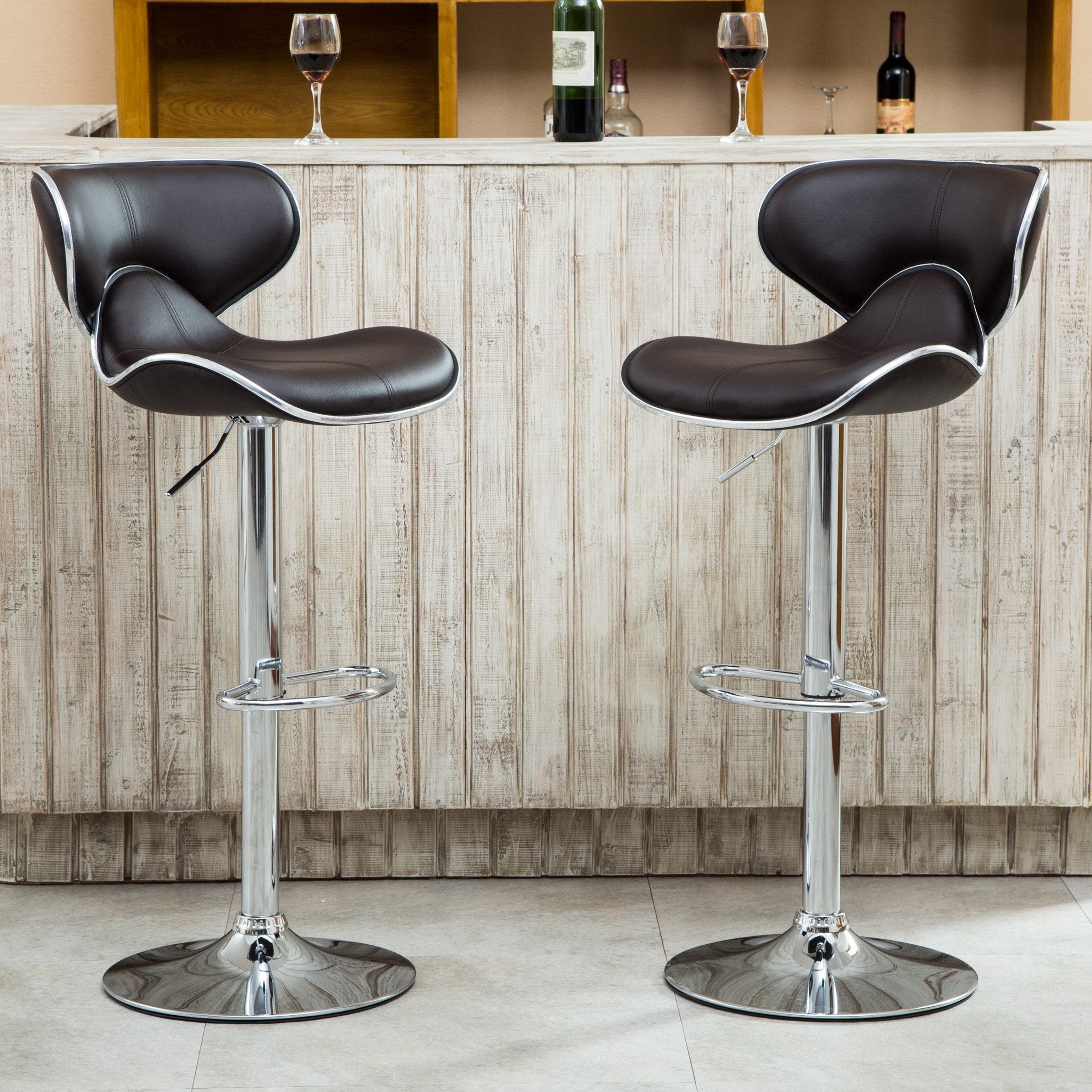 Roundhill Furniture Masaccio 2-Pack Brown Leatherette Bar Stools with Adjustable Height, Swivel & Chrome Base - Perfect for Kitchen Islands, Home Bars & Counter Seating