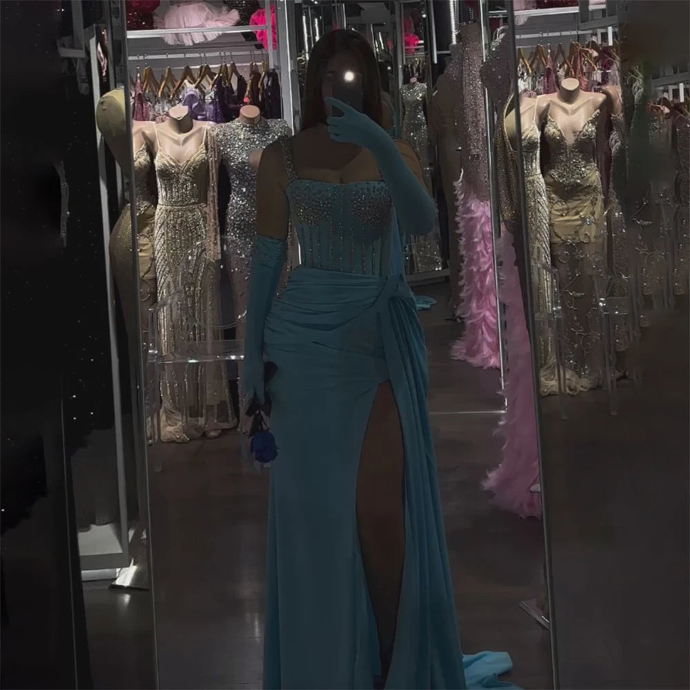 Serene Hill Dubai Luxury Evening Gown 2025 | Blue High Slit Mermaid Dress with Spaghetti Straps & Gloves | Perfect for Weddings, Galas & Formal Parties | Elegant Prom, Red Carpet & Cocktail Event Dress