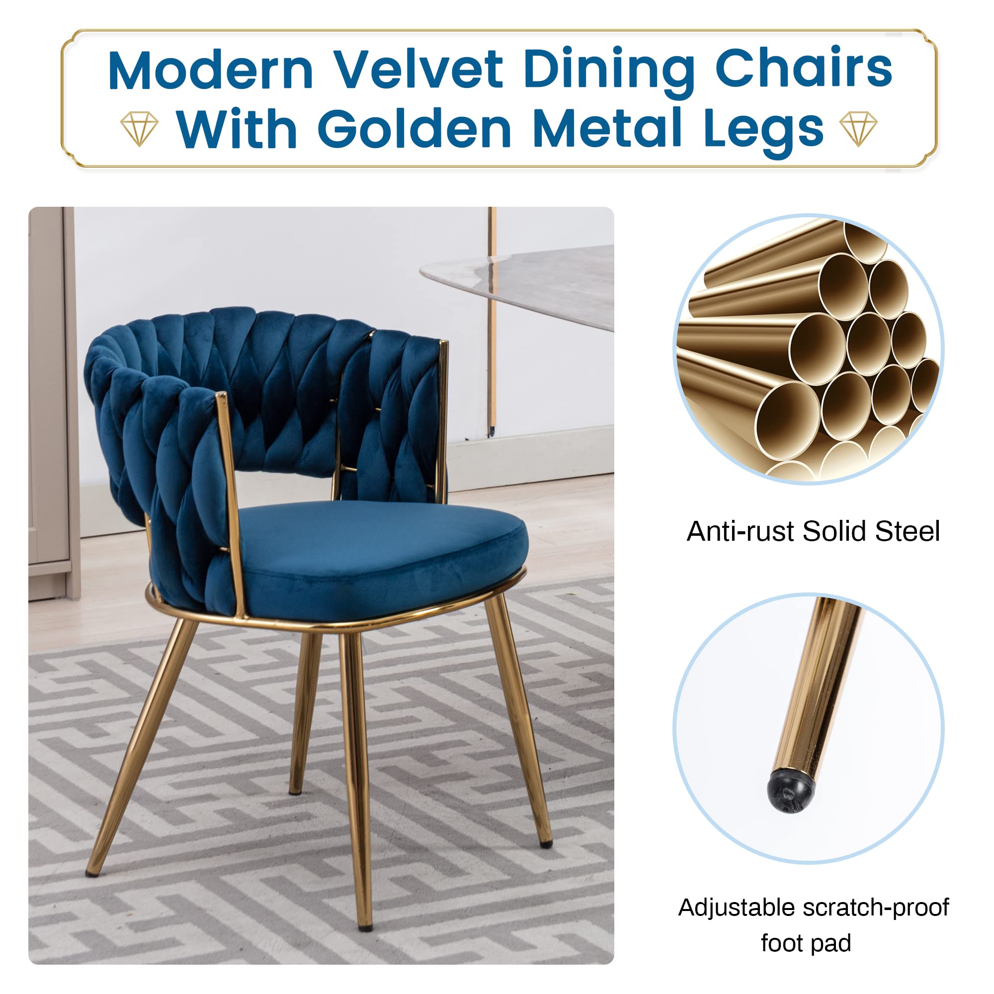 KCC Modern Velvet Dining Chairs Set of 2 - Blue Upholstered Living Room Chairs with Woven Back & Gold Metal Legs, Mid-Century Accent Side Chairs for Dining Room, Kitchen, Office or Lounge - Perfect for Entertaining Guests or Cozy Family Meals