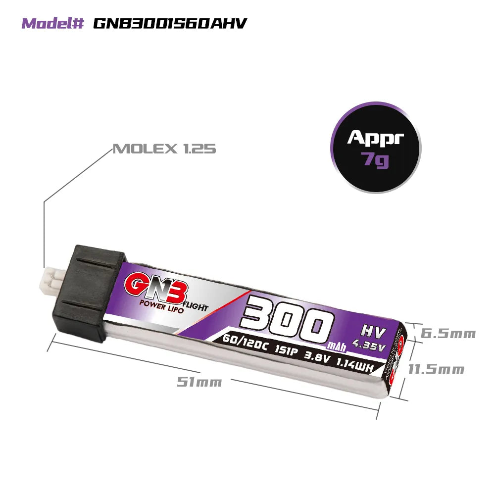 GNB/GAONENG 300mAh 1S 3.8V High Voltage 60C LiPo Battery with Head Cover & Molex 1.25 Connector - 6 Pack for FPV Drones, RC Cars, and Mini Quadcopters