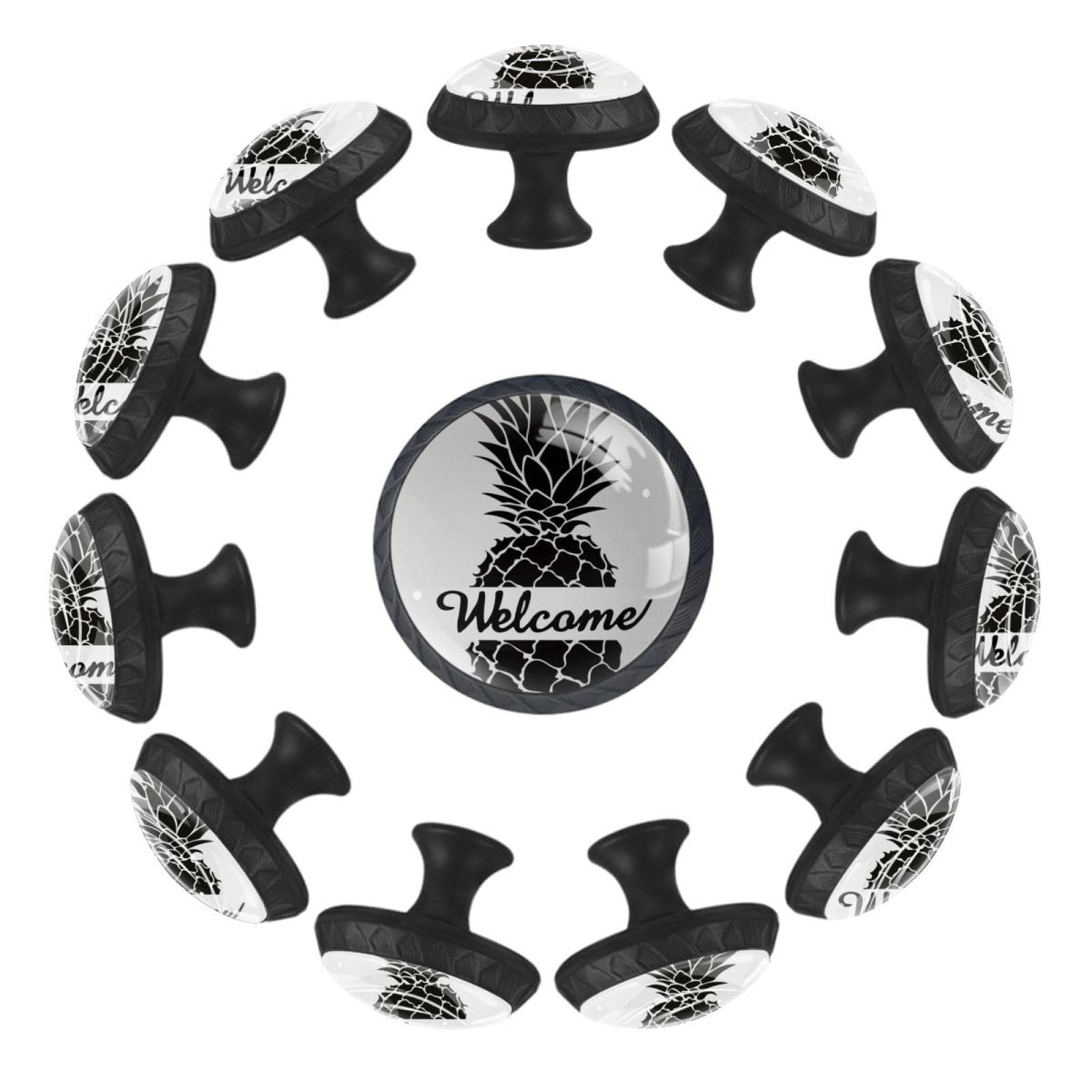 12Pcs Black Cabinet Handles and Knobs - Pineapple Design Drawer Pulls for Kitchen, Bathroom & Furniture (Welcome Style) - Durable Hardware for Cabinets, Dressers & DIY Home Decor