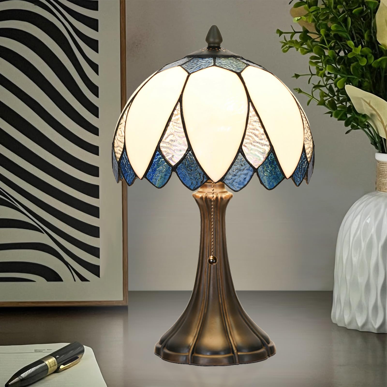 Tiffany Style Blue & White Lotus Table Lamp - 9.5x16.5 Inch Stained Glass Bedside Lamp with Bendable Shade for Reading - Perfect for Bedroom, Living Room & Home Office Decor | Romantic Ambiance Lighting