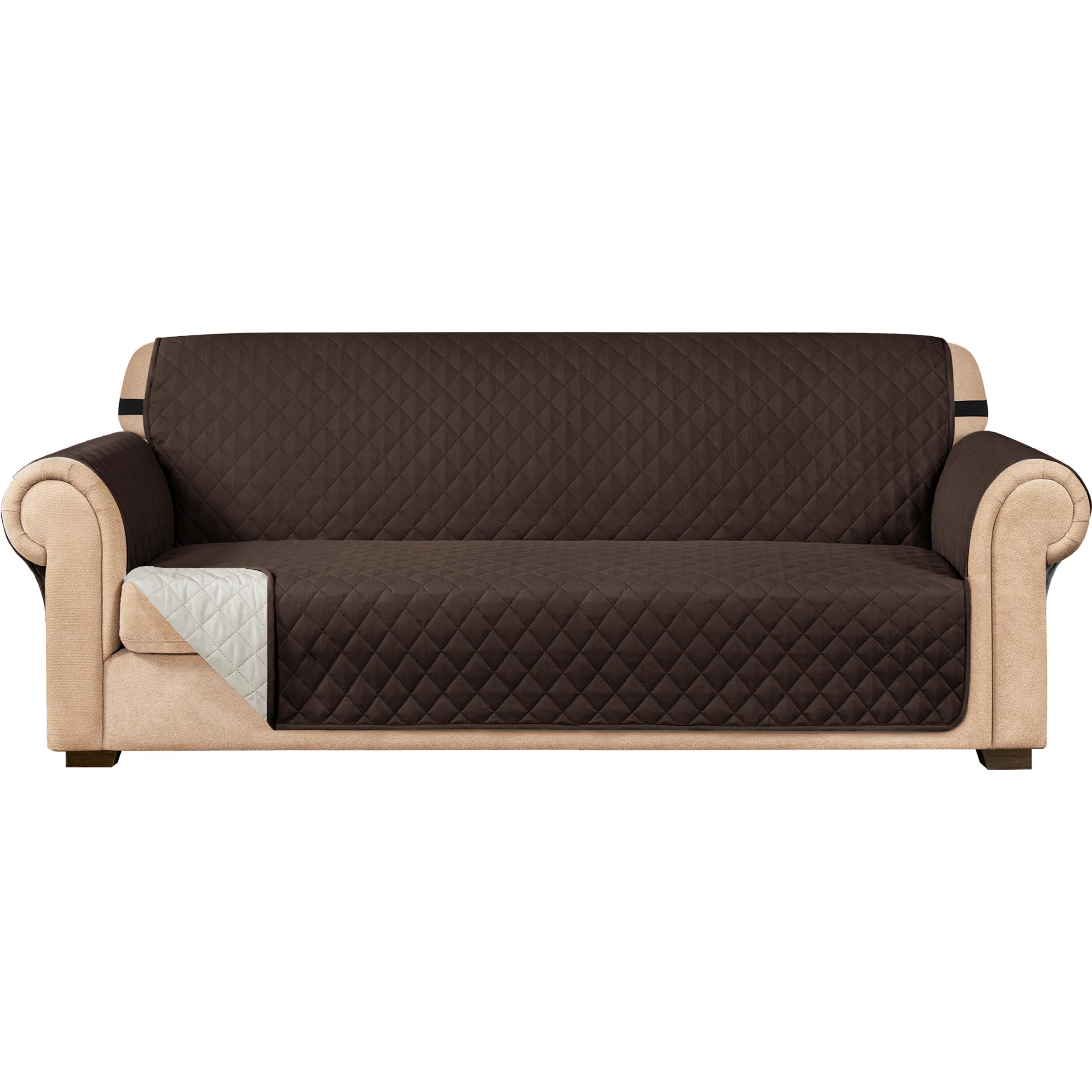 SUBRTEX Oversized Sofa Cover for 4-Cushion Couch - Reversible Quilted Slipcover with Elastic Straps, Washable Furniture Protector for Living Room - Pet & Kid Friendly (Coffee Color) - Perfect for Family Gatherings, Movie Nights & Pet Protection
