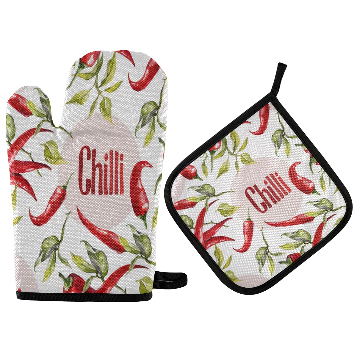 Bright Chili Pepper Oven Mitts and Pot Holders Set - 2-Piece Heat Resistant Kitchen Gloves & Trivet Mats for Baking, BBQ, Cooking - Non-Slip Farmhouse Style Home Decor (Perfect for Farmhouse Kitchens, Holiday Cooking & Gift Giving)