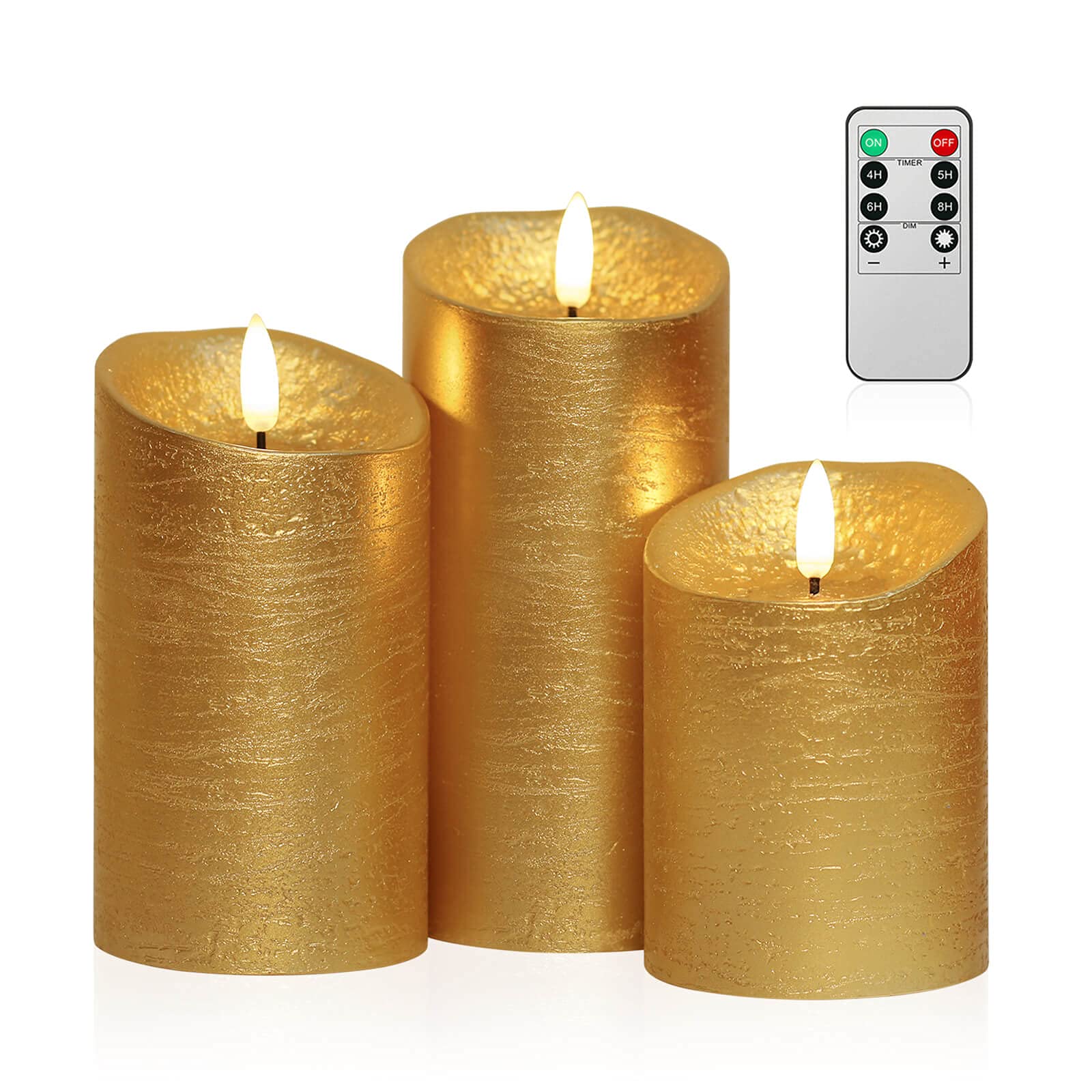 Flicker-Free Flameless LED Candles with Timer & Remote Control - Set of 3 Battery Operated Decorative Candles for Christmas, Home Decor, Weddings & Romantic Dinners - Gold Finish