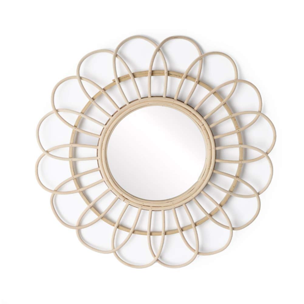 Round Bamboo Rattan Wall Mirror 21.6 Inch - Sun Shape Decorative Mirror for Bathroom, Living Room & Dressing Table | Boho Home Decor, Entryway Art, Vanity Mirror