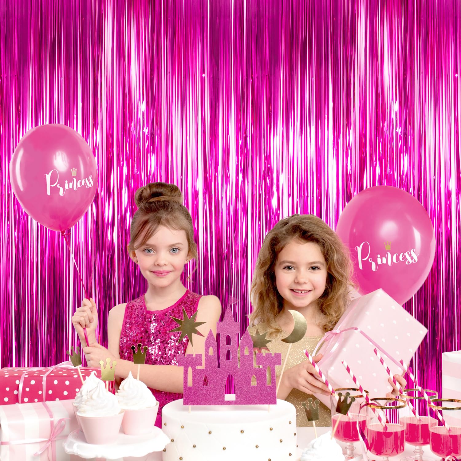 Hot Pink Tinsel Curtains Backdrop - 2 Pack 3.3x8.2FT Fringe Party Decorations for Birthday, Photo Booth, Baby Shower & Bridal Shower - Glamorous Pink Streamers for Women's & Girls' Party Decor
