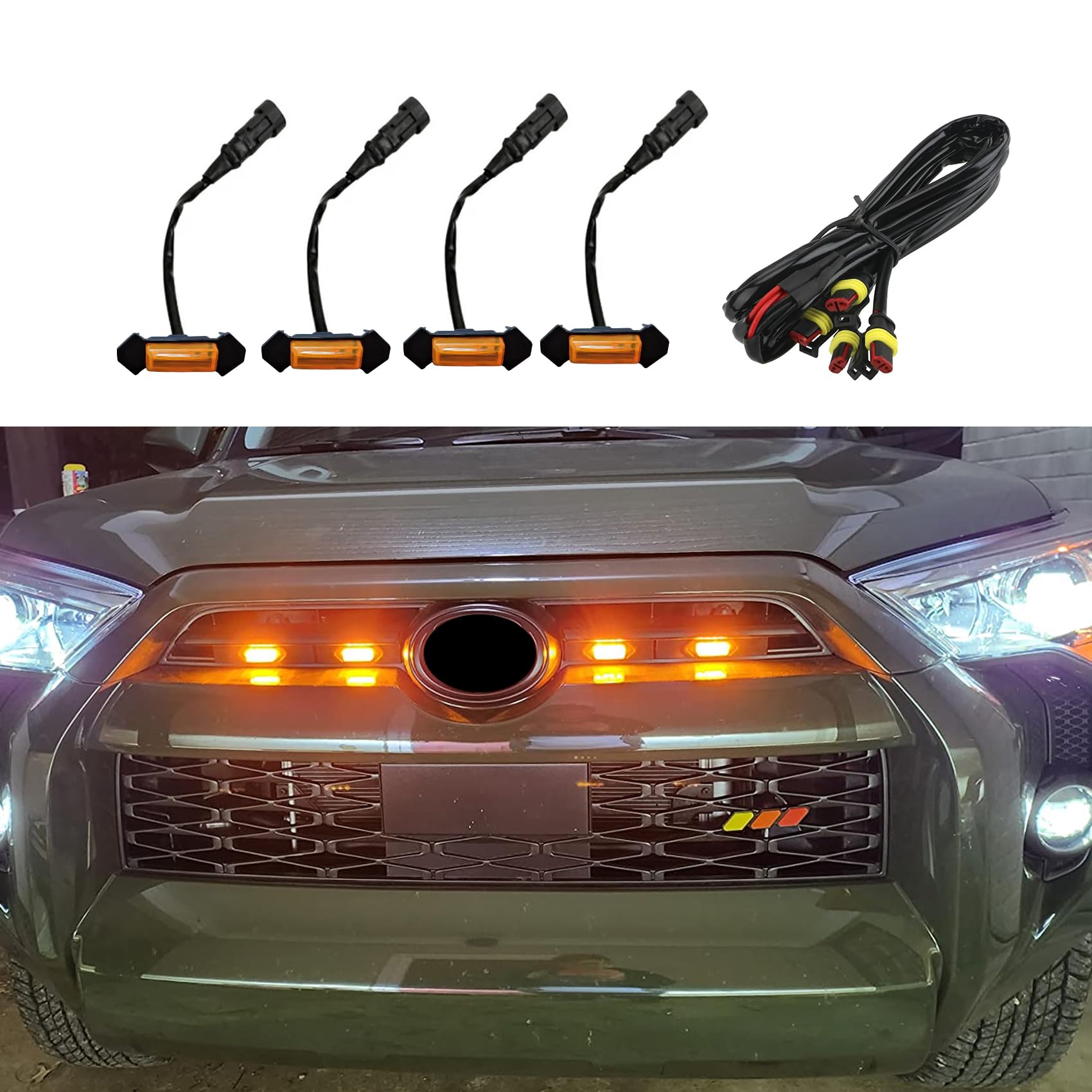 4PCS LED Grille Lights for 2016-2019 Tacoma TRD PRO - Amber Waterproof Dustproof Front Bumper Hood Mesh Grill Lights with Fuse | Off-Road, Truck Customization & Night Driving Safety Accessories