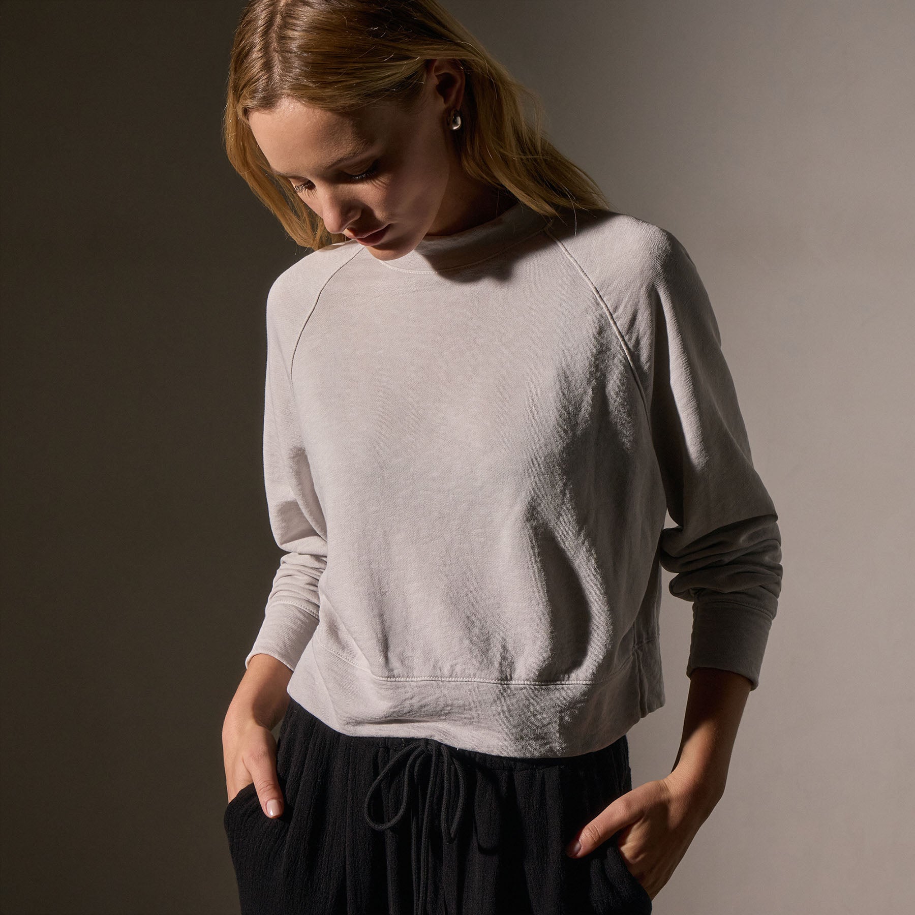 French Terry Cropped Mock Neck Sweatshirt - Light Mist Pigment Women's Casual Pullover | Perfect for Loungewear, Yoga & Everyday Comfort