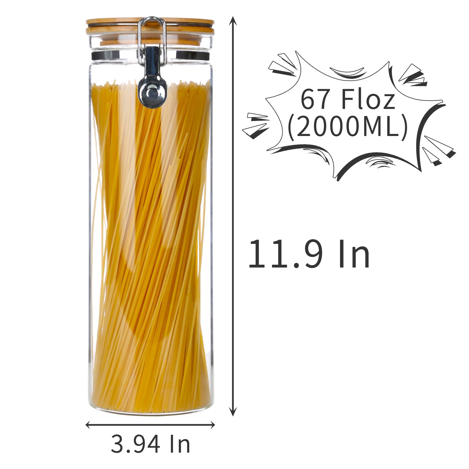 Ken's Kitchen Airtight Glass Pasta Storage Jars with Bamboo Lid - 68oz Spaghetti Container for Macaroni, Noodles & Dry Food - Perfect for Pantry Organization & Kitchen Storage Solutions
