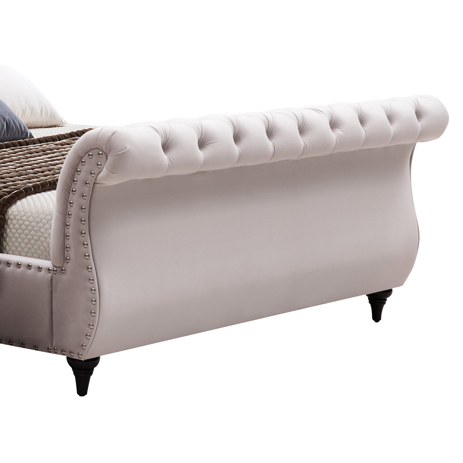 Luxe Royal Sleigh Queen Size Bed Frame with Beige Velvet Upholstery - Elegant Bedroom Furniture for Master Suite & Guest Room Decor