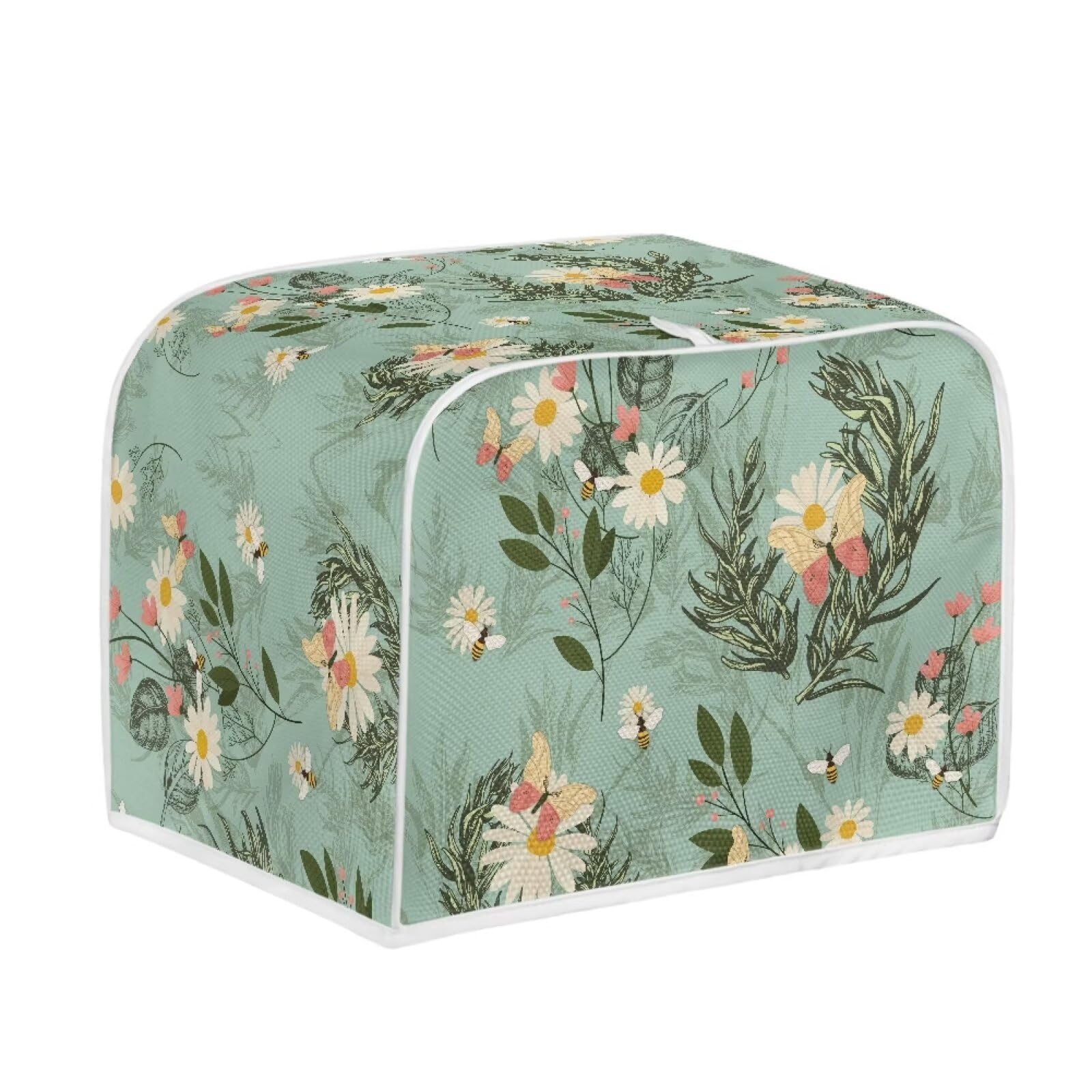 4-Slice Toaster Cover with Handle - Stain Resistant Dustproof Microwave & Toaster Oven Protector - Daisy Bee Leaf Blue Design - Perfect for Kitchen Countertop Protection & Small Appliance Storage