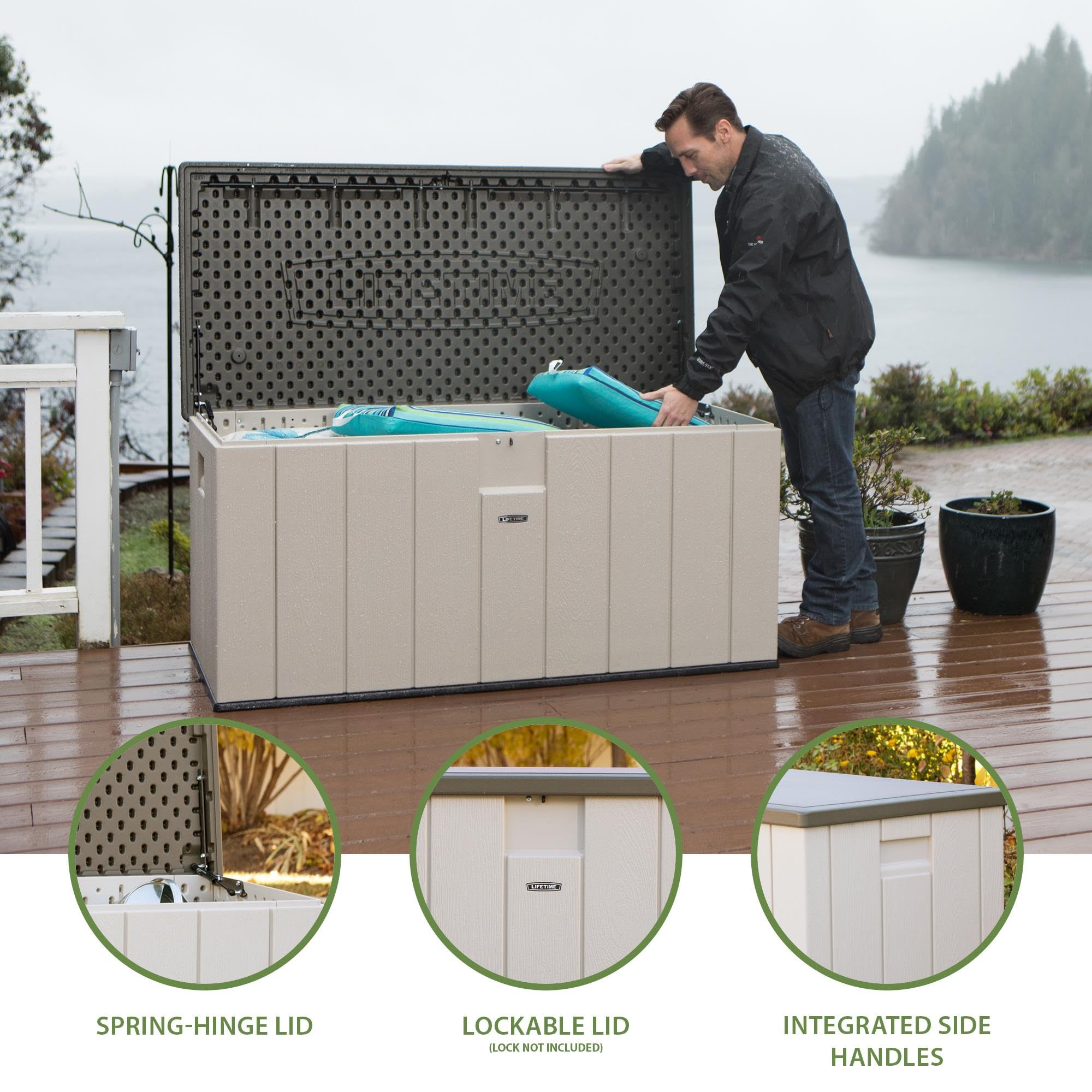 LIFETIME 60254 150-Gallon Heavy-Duty Outdoor Storage Deck Box - Weather-Resistant Plastic Deck Box for Patio Furniture Cushions, Pool Toys & Garden Tools - Desert Sand/Brown Color