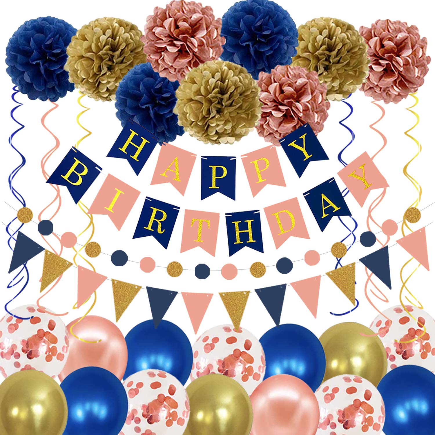 Navy Rose Gold Birthday Party Decorations Set - Paper Pom Poms, Happy Birthday Banner, Garland & Latex Balloons for Women, Men, Girls | Perfect for Baby Showers, Bridal Showers & Birthday Parties
