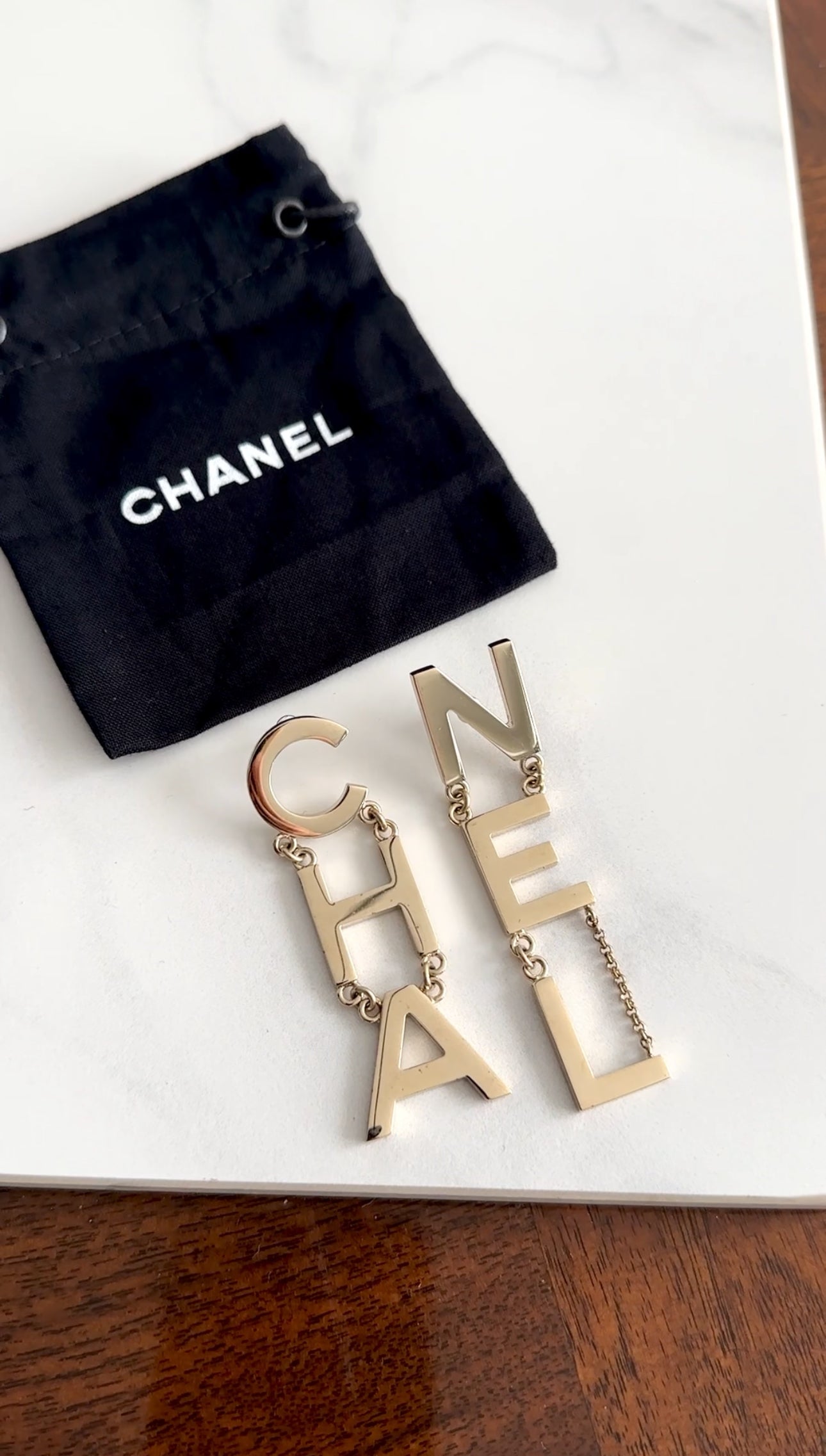 Chanel 19S Light Gold Tone Spellout Logo Drop Earrings - Elegant Dangling Earrings for Women, Perfect for Parties, Weddings & Special Occasions