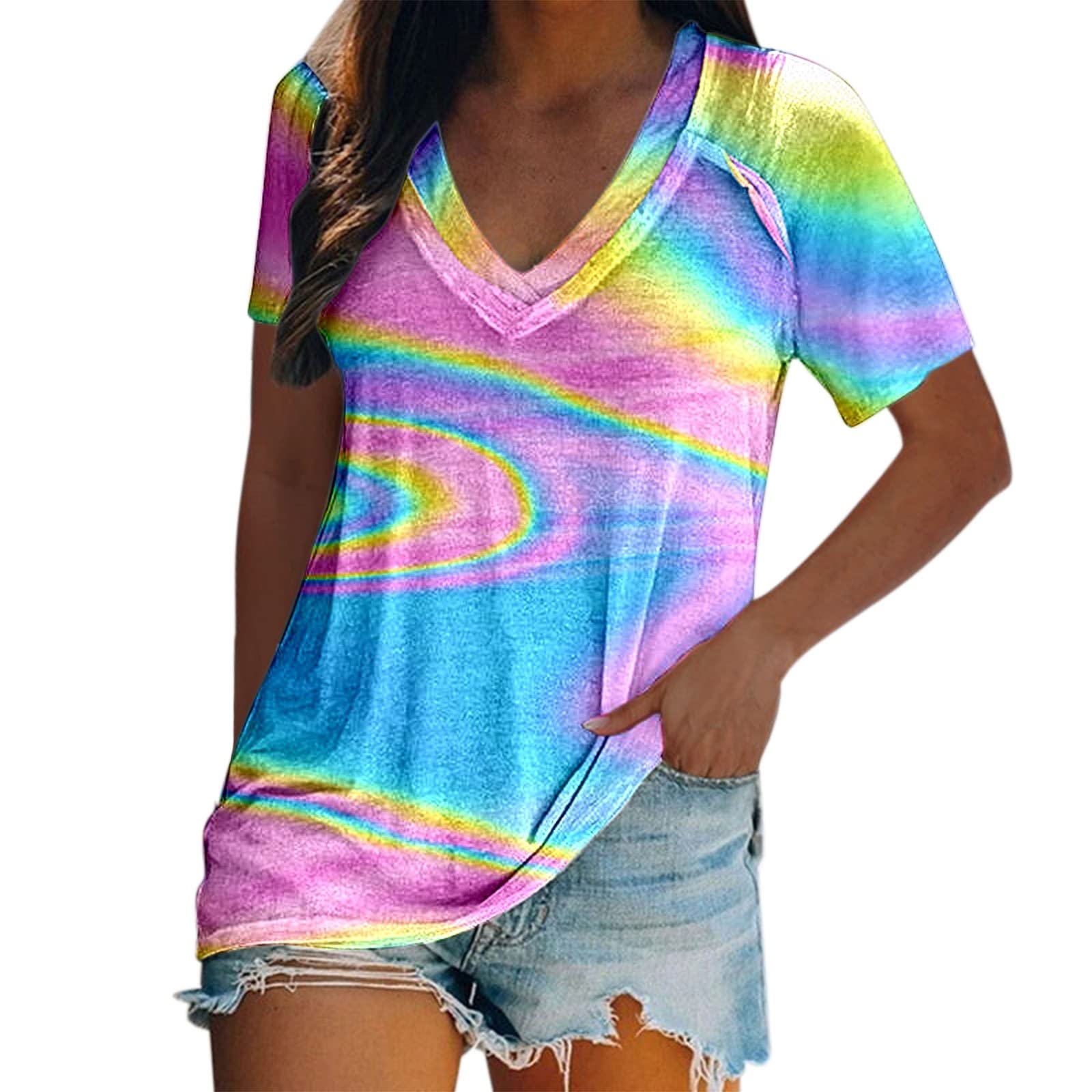 Women's Summer V-Neck Short Sleeve T-Shirts - Colorful Butterfly Printed Loose Graphic Tunic Tops for Casual Wear & Outdoor Activities