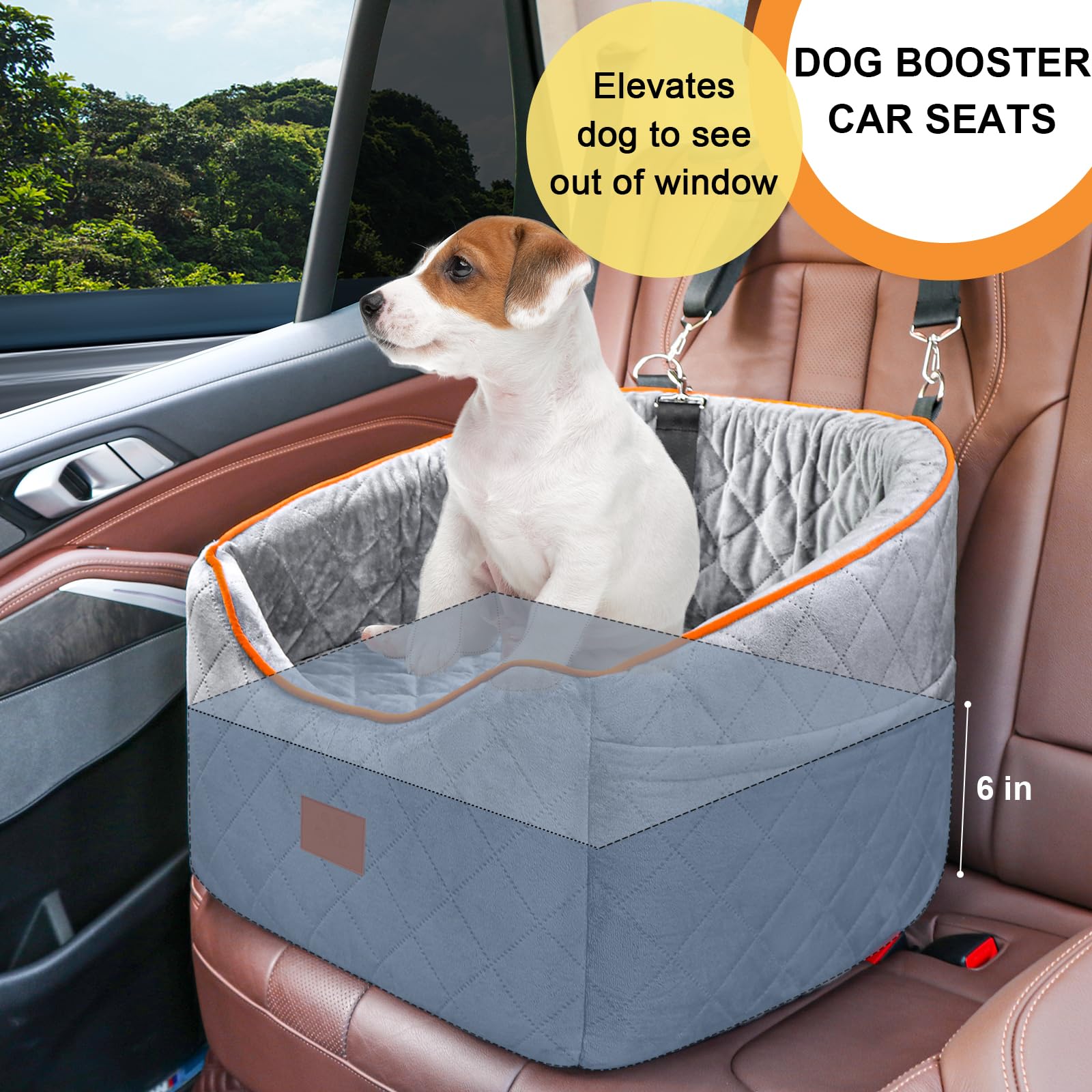 Premium Memory Foam Dog Car Seat for Small Dogs up to 35 lbs - Washable Removable Cover with Storage Pockets - Comfortable Elevated Pet Booster Seat for Safe Travel (Gray) - Perfect for Road Trips, Vet Visits & Daily Commutes