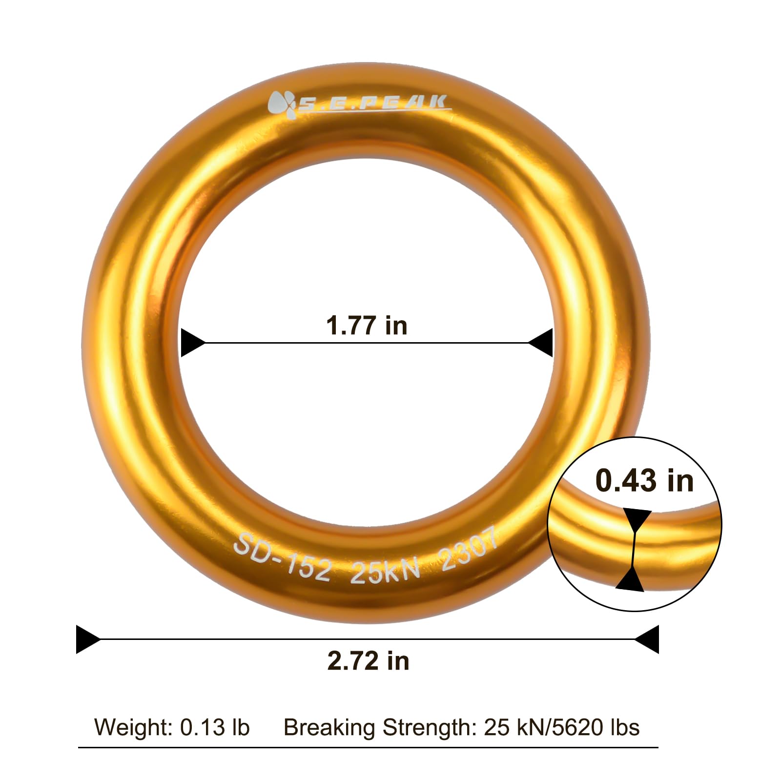 25kN Heavy Duty Aluminum Rappel Ring - Rock Climbing & Arborist Gear - Gold/Blue O-Ring for Secure Rope Connections - Perfect for Belaying, Tree Rigging & Rescue Operations