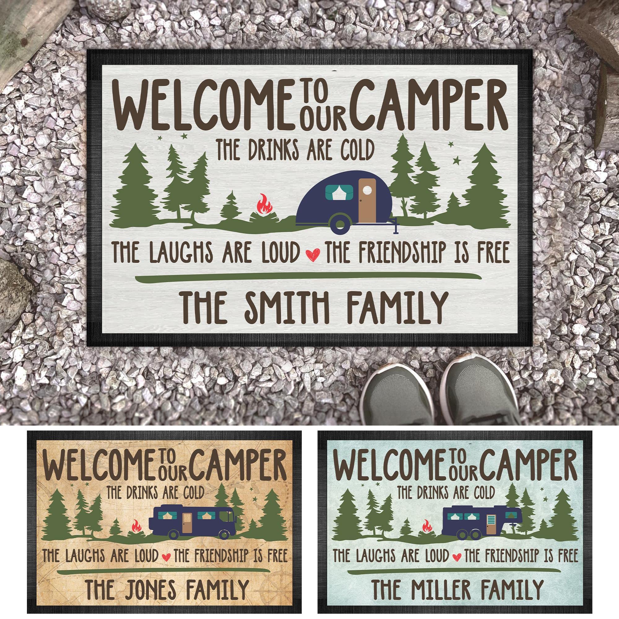 Custom Personalized Welcome to Our Camper Doormat - Family Name Engraved | 16x24 Inch Outdoor RV Mat | Perfect for Campers, RVs & Trailers | The Drinks Are Cold The Laughs Are Loud The Friendship Is Strong