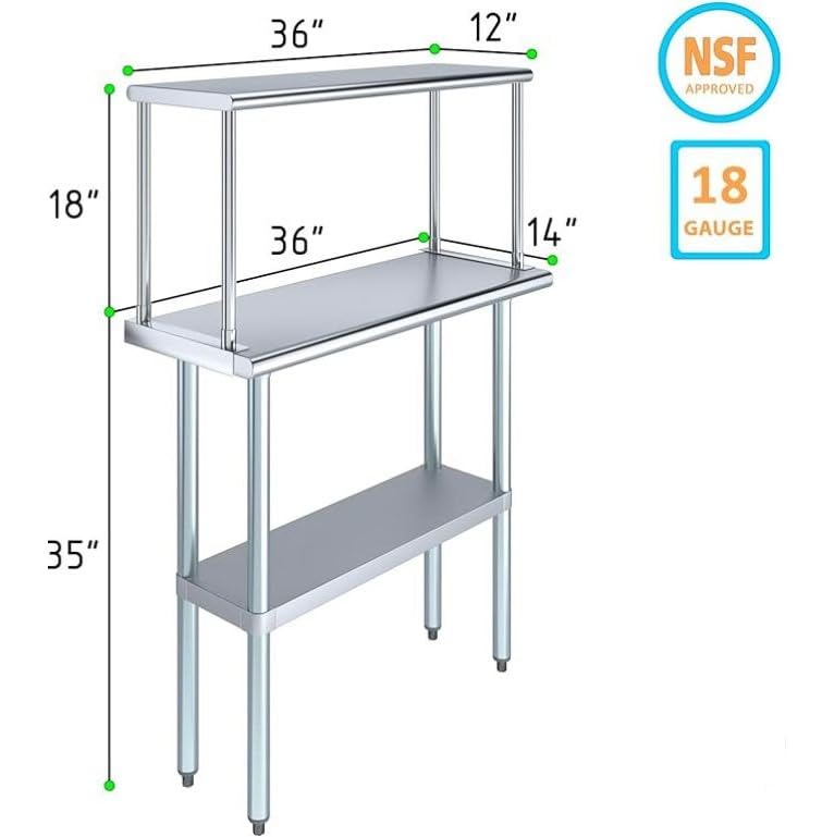 Stainless Steel Work Table with Wide Single Tier Overshelf - Heavy Duty Metal Kitchen Prep Table & Shelving Combo (14