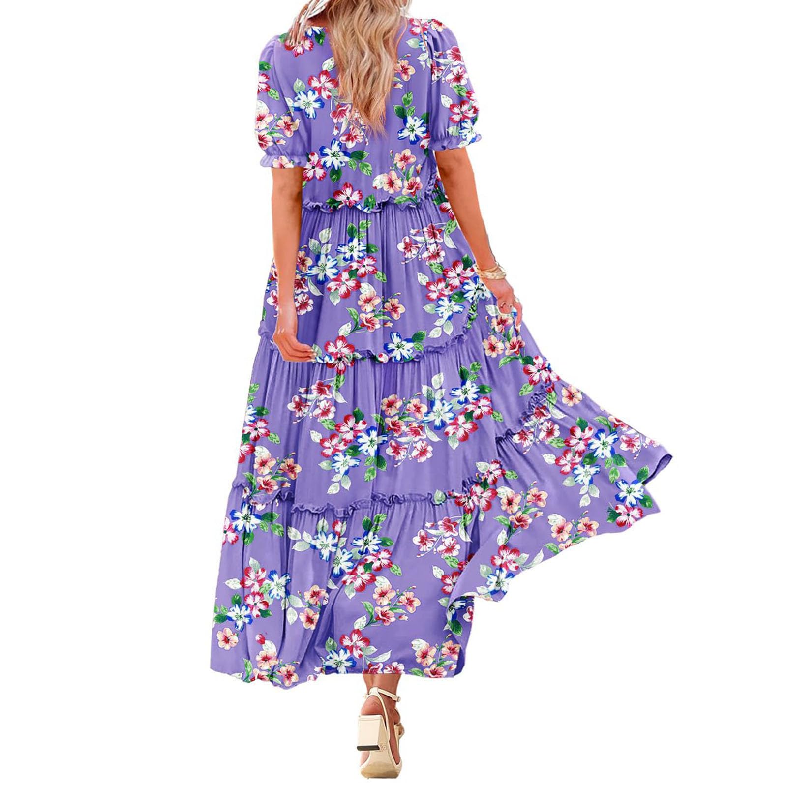 Boho Floral Maxi Dress for Women 2024 - Loose Fit Crewneck Summer Dress with Ruffles & Graphic Print | Perfect for Beach Vacations, Outdoor Parties & Casual Summer Wear