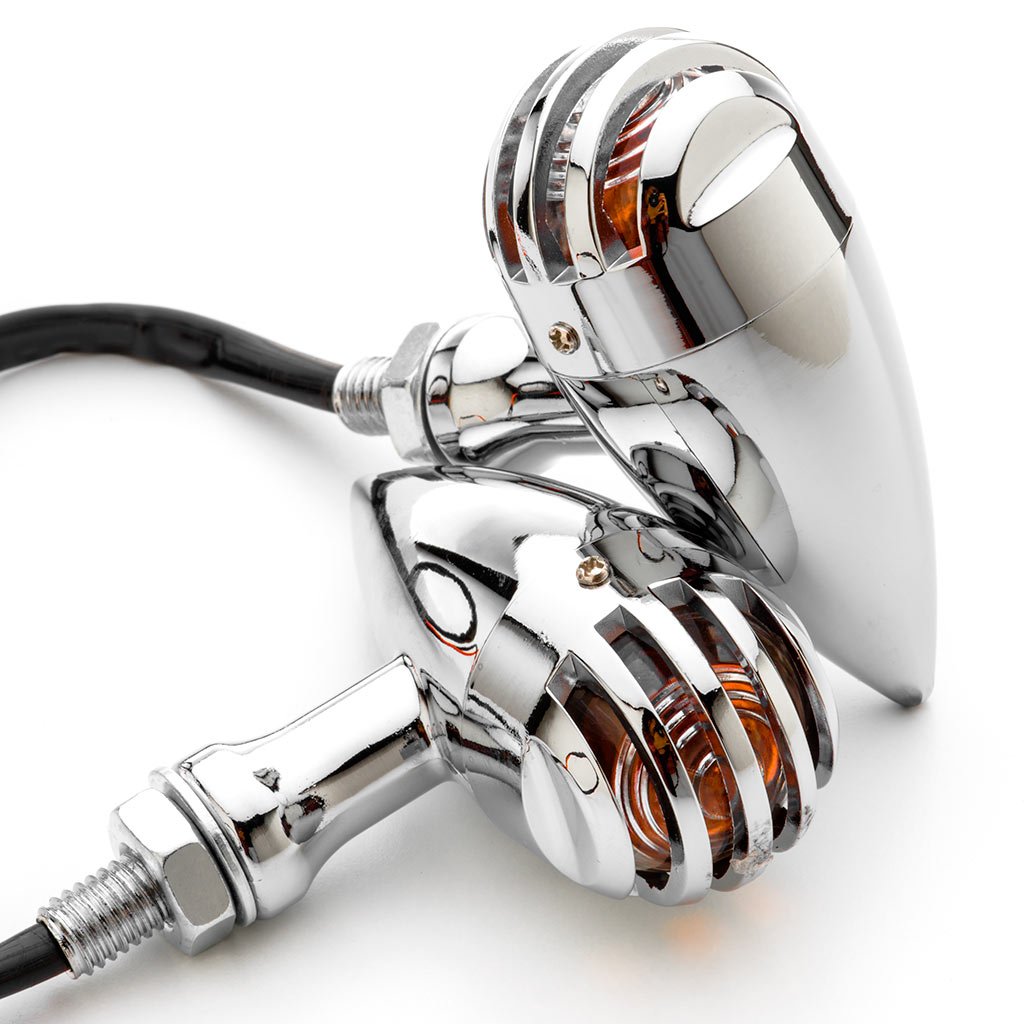 Krator JBM-2003-C Chrome Heavy Duty Motorcycle Turn Signals - 2pcs Finned Scalloped Blinkers for Harley, Cruiser & Chopper Bikes - Enhance Visibility & Style on Night Rides