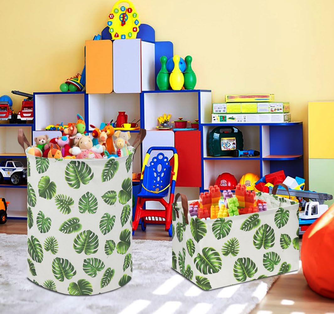 HKEC Rectangle Storage Basket with Handles - Collapsible Kids Toy Organizer, Baby Clothes & Book Storage Bin, Foldable Gift Basket (Green Monstera) - Perfect for Nursery, Playroom & Home Organization