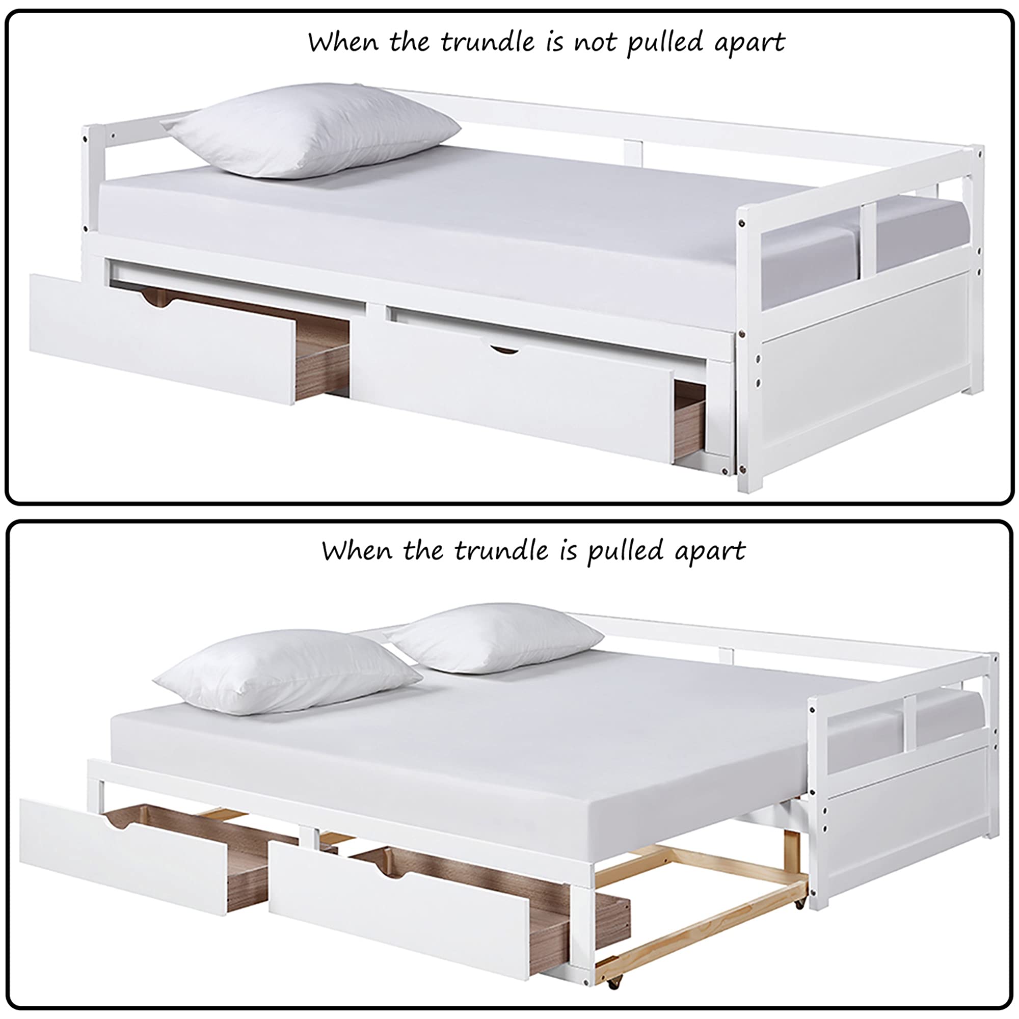 P PURLOVE White Wooden Extendable Daybed with 2 Storage Drawers - Convertible Sofa Bed for Small Spaces, Guest Room & Living Room - Perfect for Apartments, Dorms & Home Offices