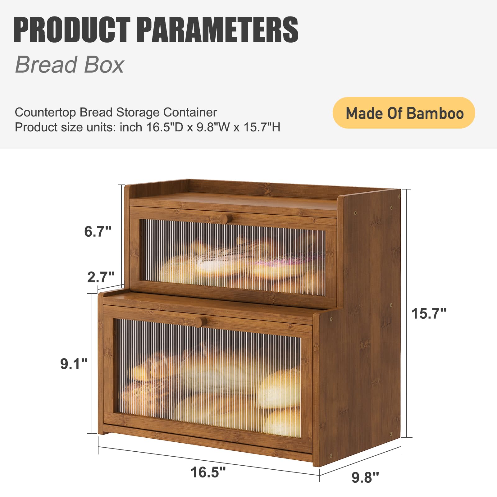 Double Layer Bamboo Bread Box with Window - Eco-Friendly Bread Storage Container for Kitchen Counter, Bread Holder, Bread Bin - Perfect for Storing Bread, Pastries, and Baked Goods to Keep Fresh on Countertop or Pantry