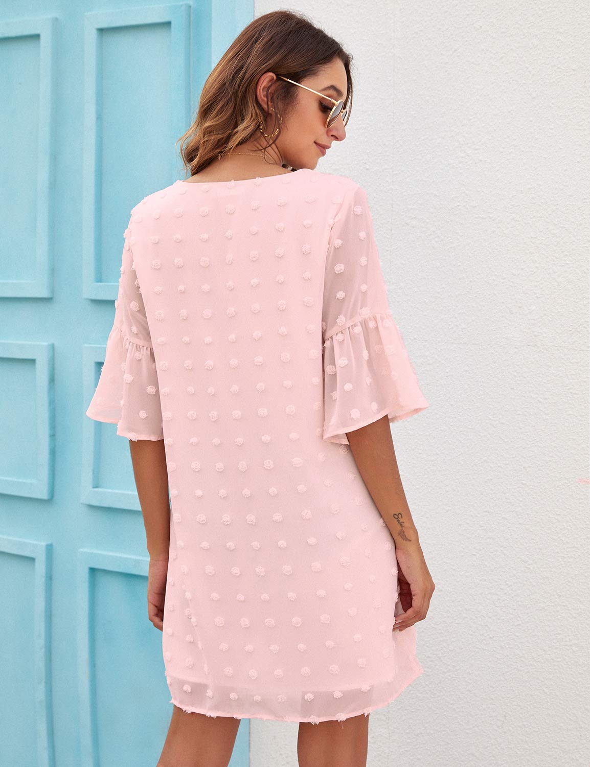 Blooming Jelly Women's White Short Sleeve V-Neck Ruffle Chiffon Sun Dress - Flowy Shift Mini Dress for Summer Beach, Party & Casual Wear