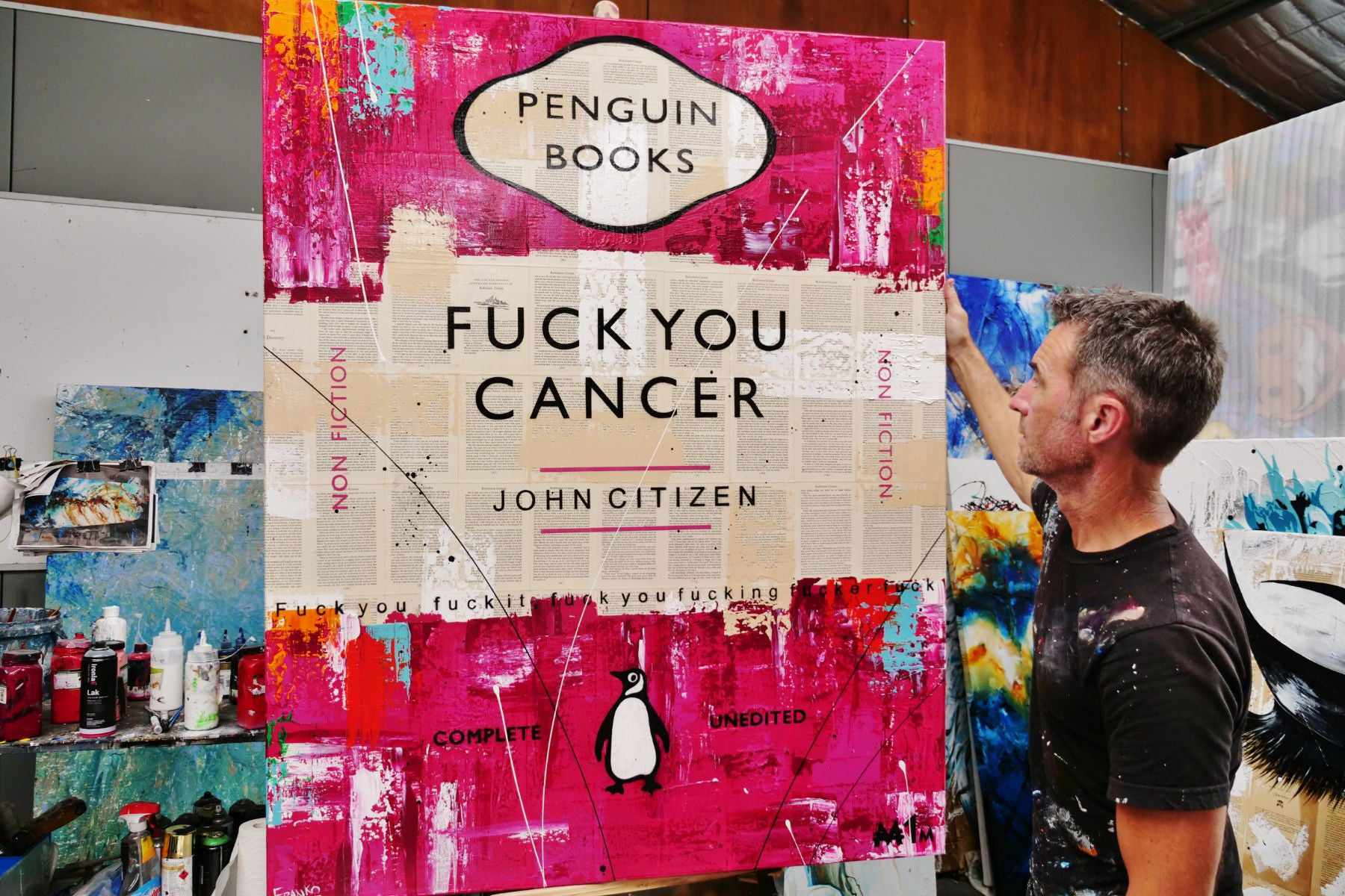 F.U. Cancer 120cm x 150cm Fuck You Cancer Urban Pop Art Canvas Painting - Modern Home Decor, Office Wall Art, Gift for Cancer Survivors & Supporters