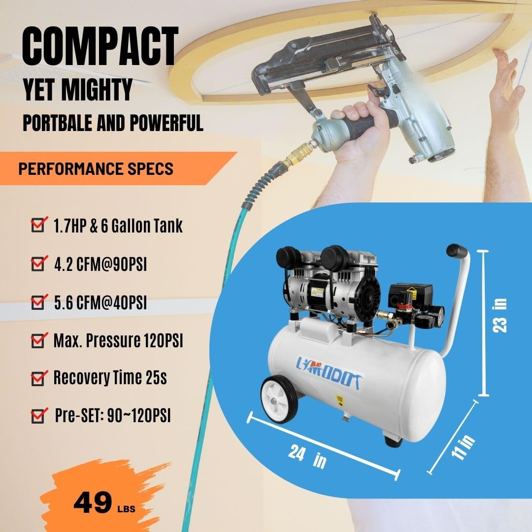 Quiet Air Compressor 68dB - 6 Gallon Steel Tank, 4.2CFM @90PSI Oil-Free - 1.7HP High Flow for Auto Repair, Tire Inflation, Woodworking & Pneumatic Tools - Perfect for Home Garage, Construction Sites & DIY Projects