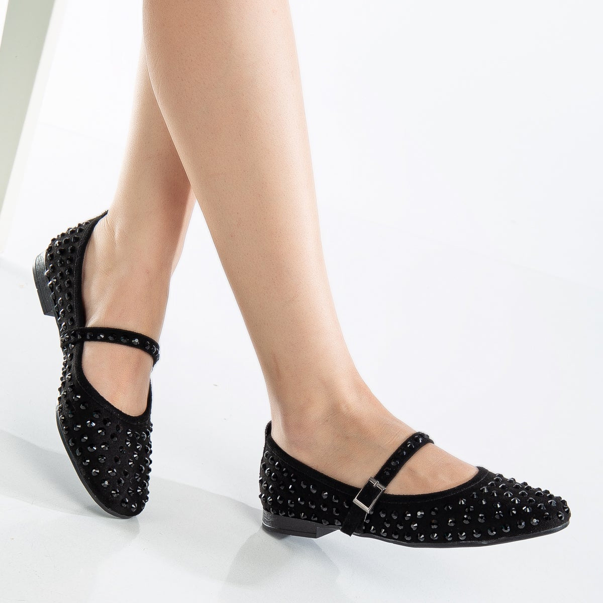 Emilie Black Studded Crystal Mary Jane Flats for Women - Elegant Comfortable Dress Shoes for Weddings, Parties & Formal Occasions