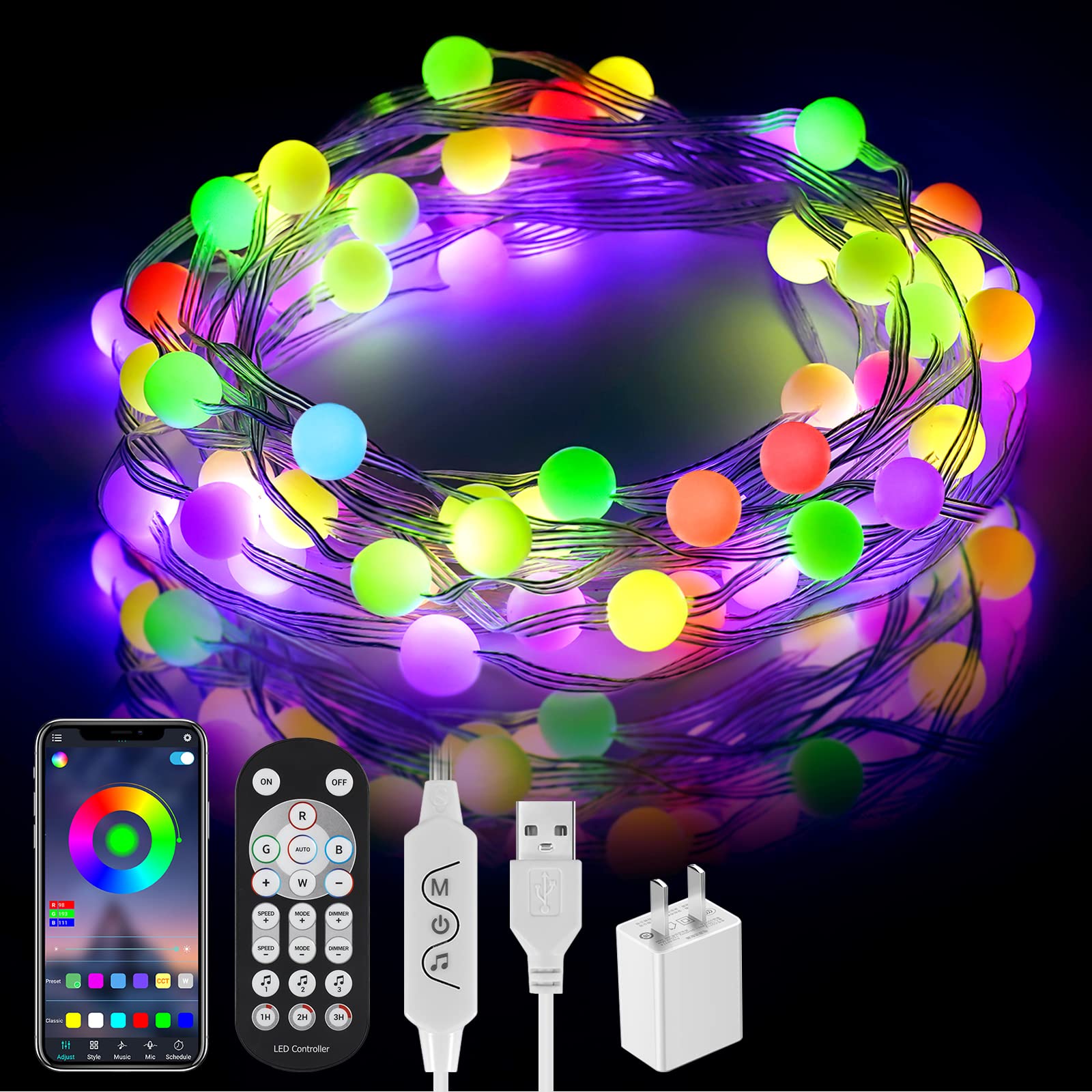 16.4Ft 50 LED Color Changing Globe String Lights with RF Remote & APP Control - Waterproof RGB Music Sync Twinkle Ball Fairy Lights for Garden, Camping, Dinner, Wedding, Birthday Party Decorations | Perfect for Outdoor & Indoor Lighting