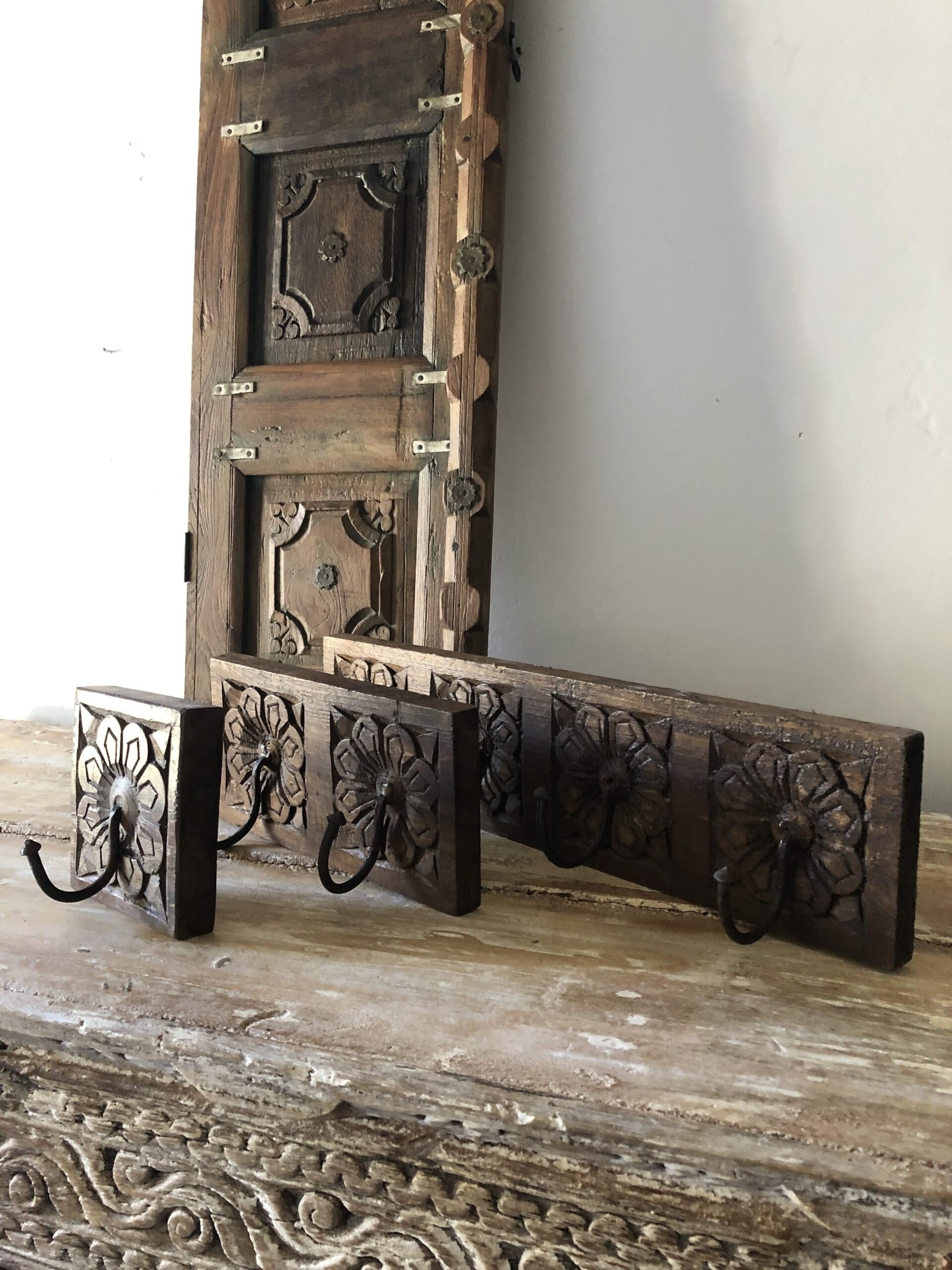 Hand Carved Floral Indian Wooden Wall Coat Rack with 3 Hooks - Perfect for Entryway, Bedroom, or Hallway Organization
